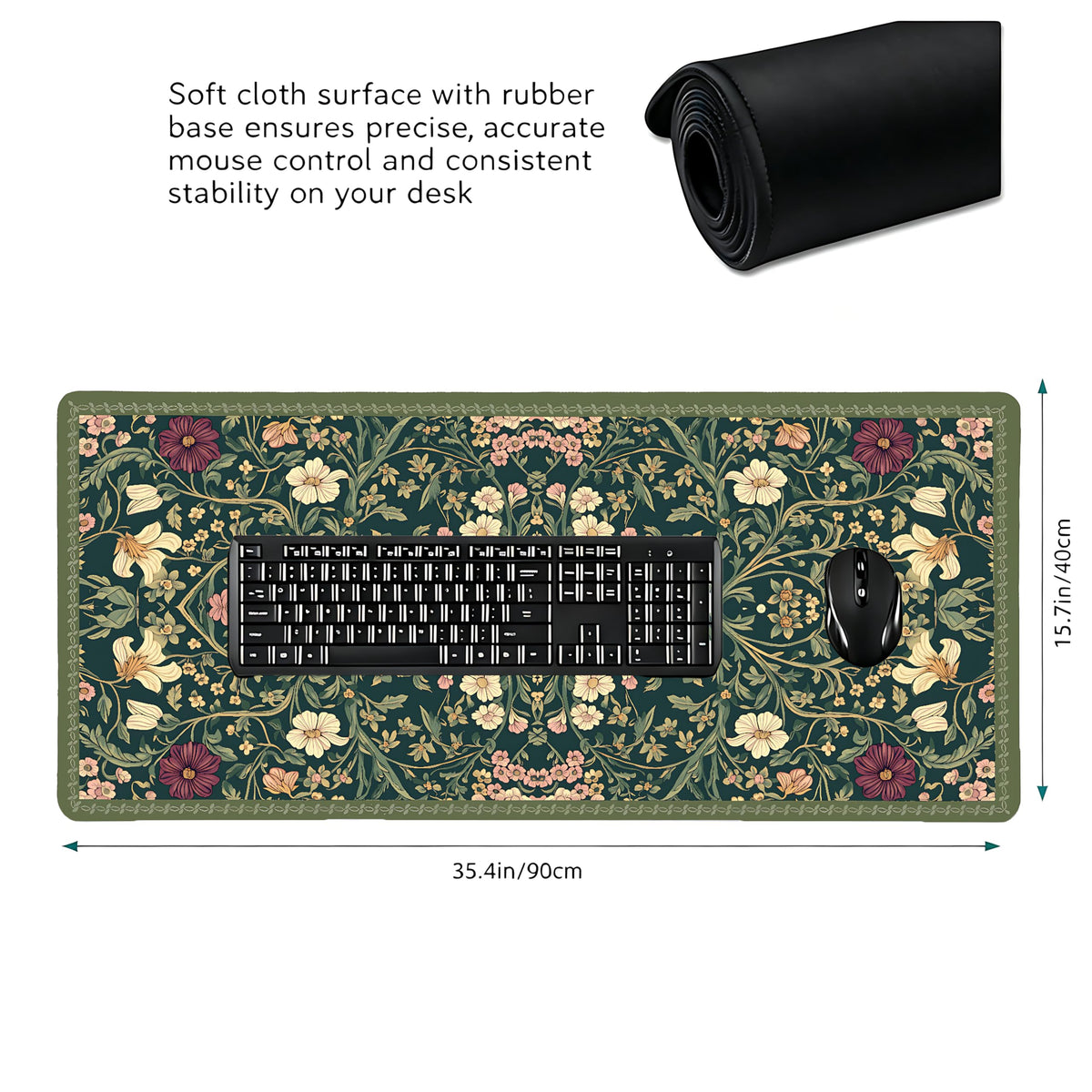Cute Floral Aesthetic Dahlia Gaming Mouse Pad, Dark Green Rug Desk Mat with Anti-Slip Base &