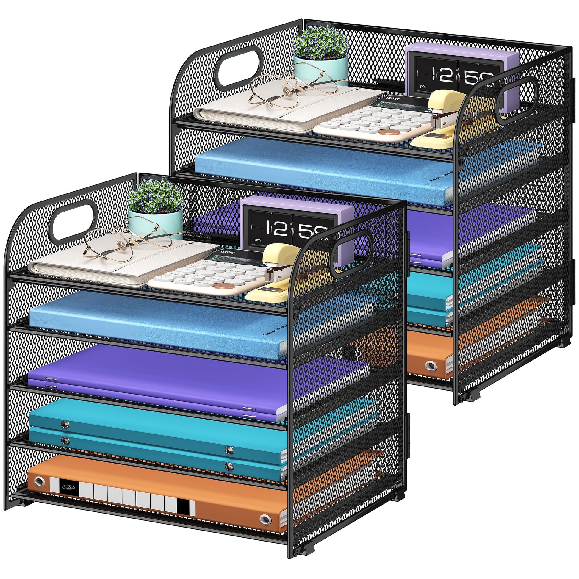 Cawukege 2 Pack 5 Tier Paper Organizer, Letter Tray with Handle, Mesh Desk Organizer, Metal File