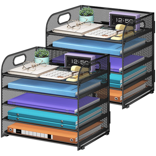 Cawukege 2 Pack 5 Tier Paper Organizer, Letter Tray with Handle, Mesh Desk Organizer, Metal File