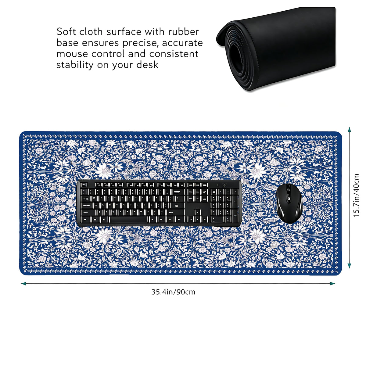 Cute Floral Aesthetic Daisy Gaming Mouse Pad, White Blue Chinoiserie Desk Mat with Anti-Slip Base &