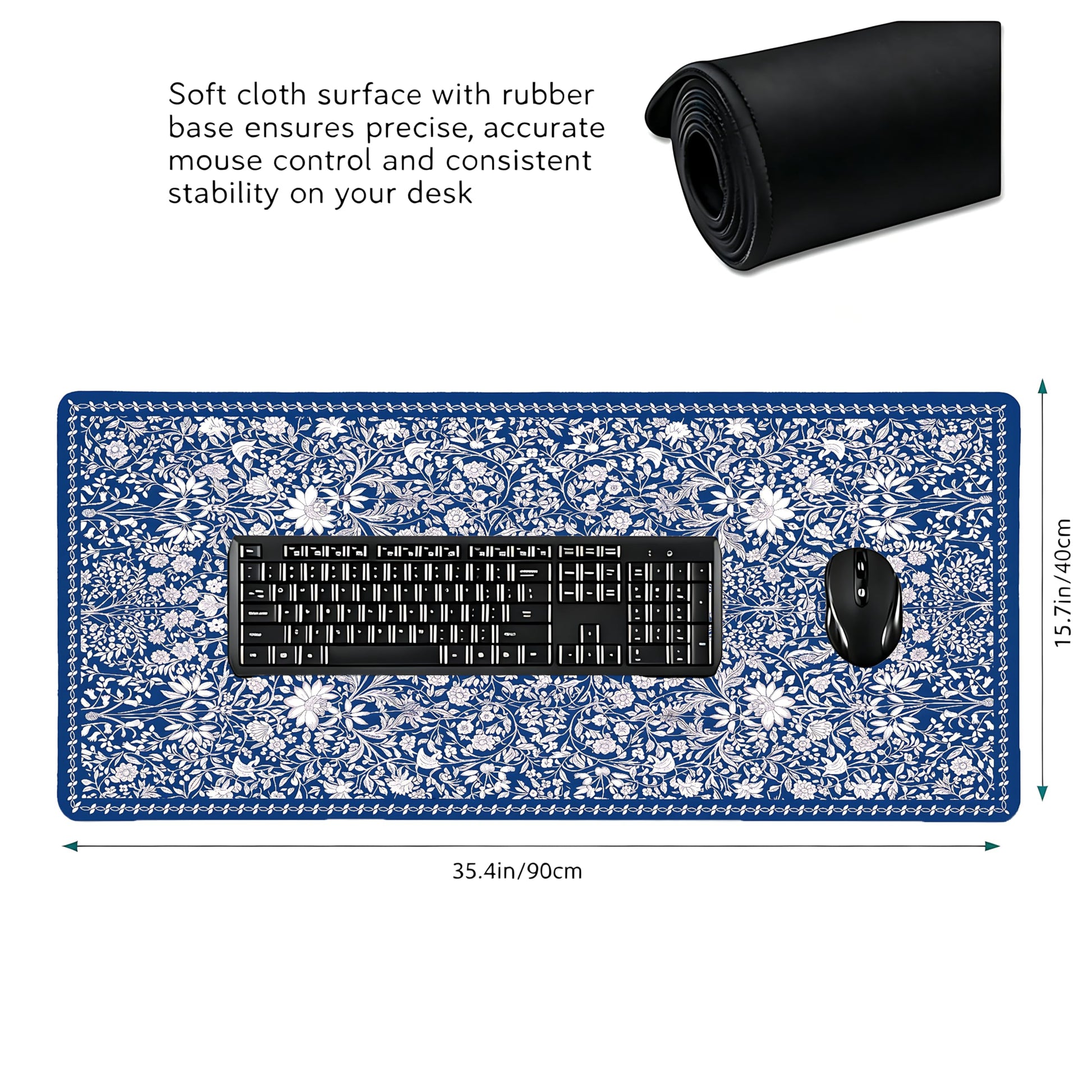 Cute Floral Aesthetic Daisy Gaming Mouse Pad, White Blue Chinoiserie Desk Mat with Anti-Slip Base &