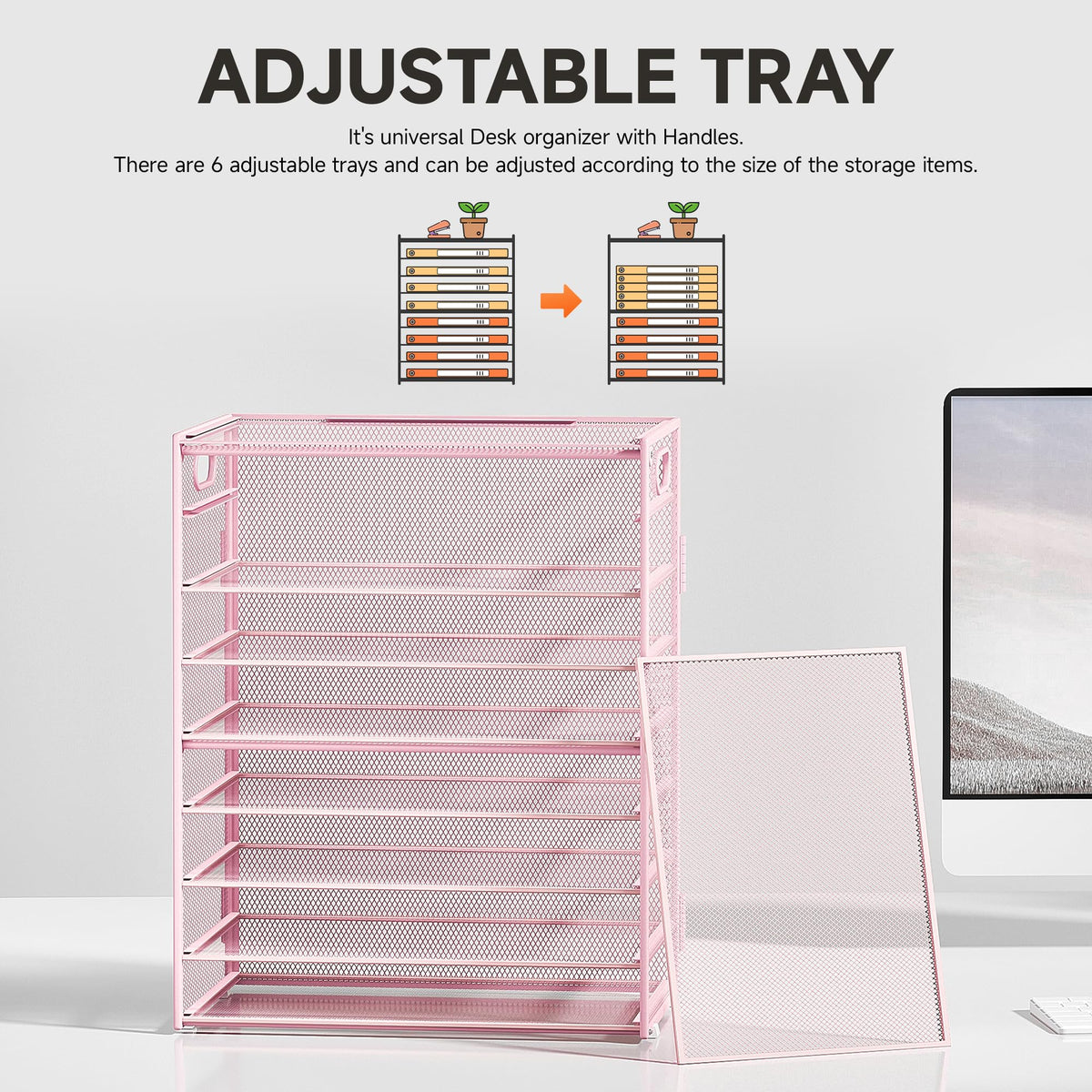 Subekyu 9 Tier Paper Letter File Tray Organizer for Desk, Pink Large Mesh Desk Folder Sorter