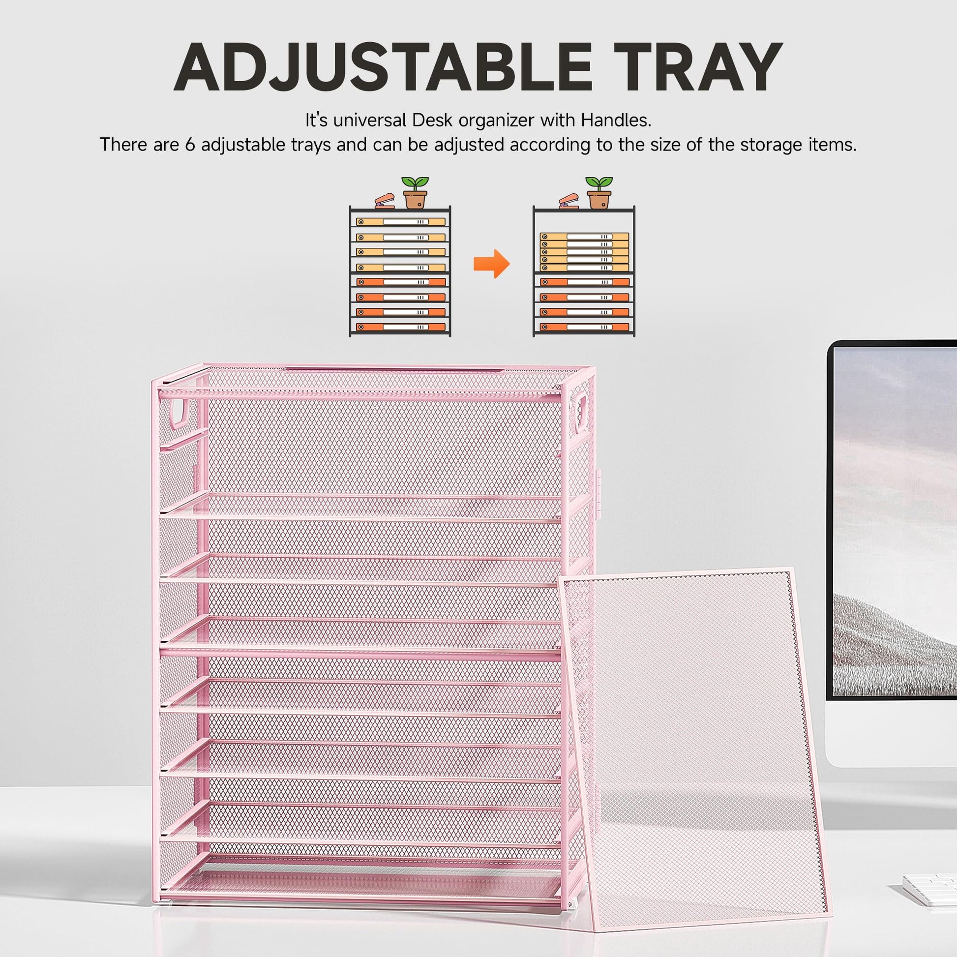 Subekyu 9 Tier Paper Letter File Tray Organizer for Desk, Pink Large Mesh Desk Folder Sorter