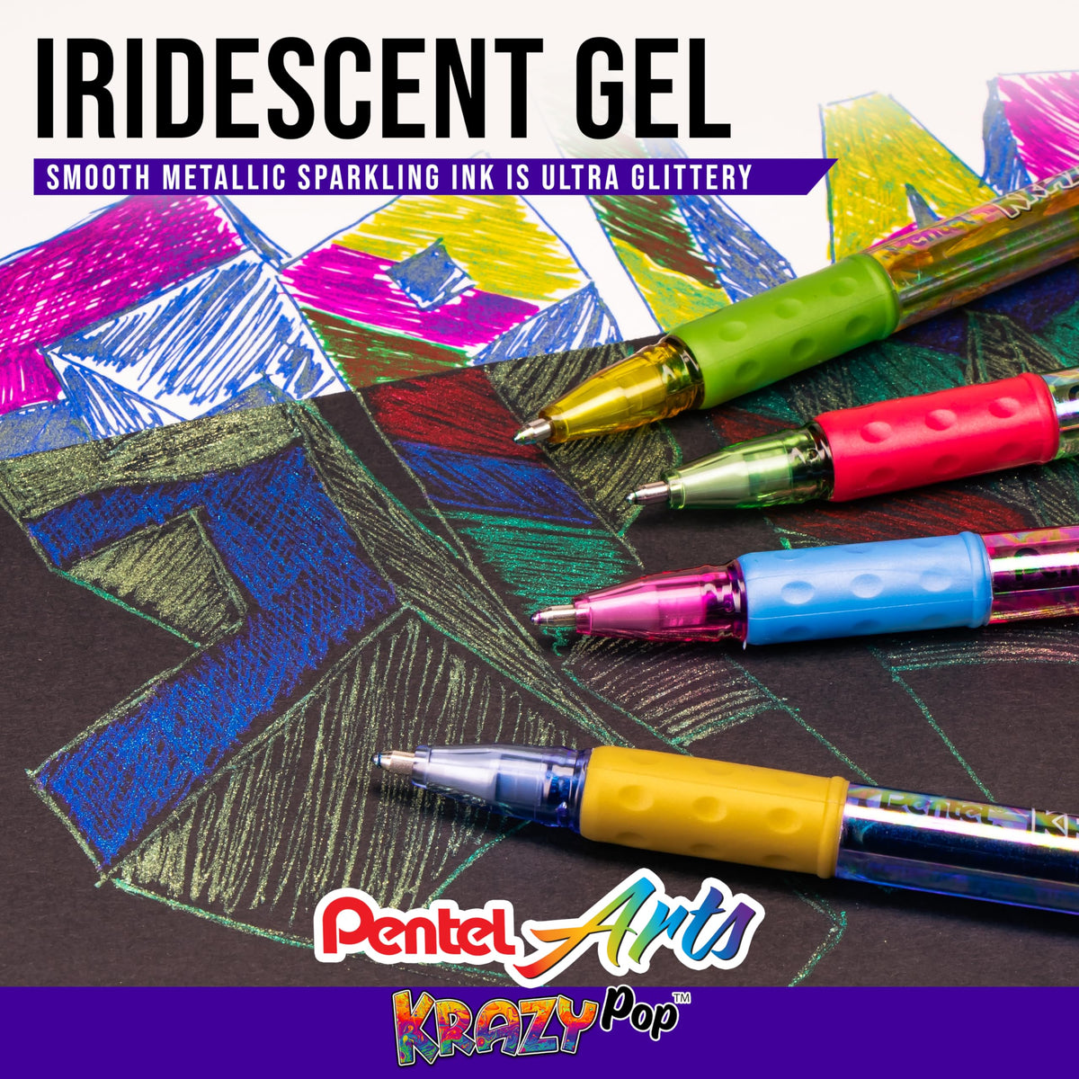 Pentel Sparkle and Krazy Pop, Metallic Gel Ink Pen, (1.0mm), Bold Line, Assorted Ink Colors, 12