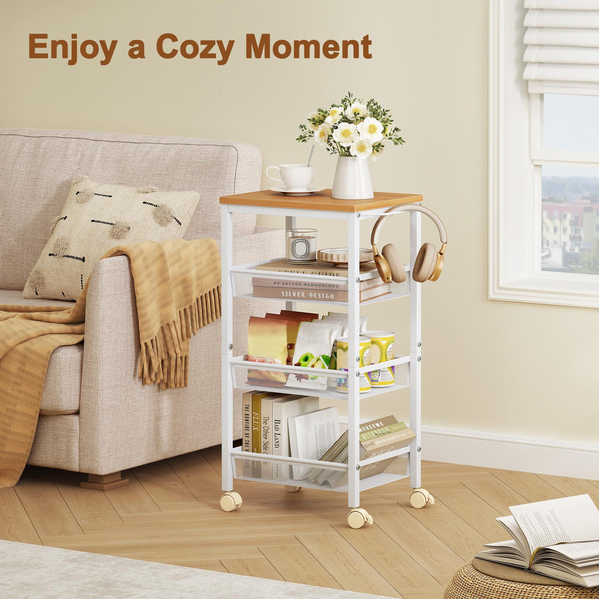 Hoctieon Rolling Storage Cart, 4-Tier 11.8" Wide Rolling Kitchen Storage Cart, Utility Cart with