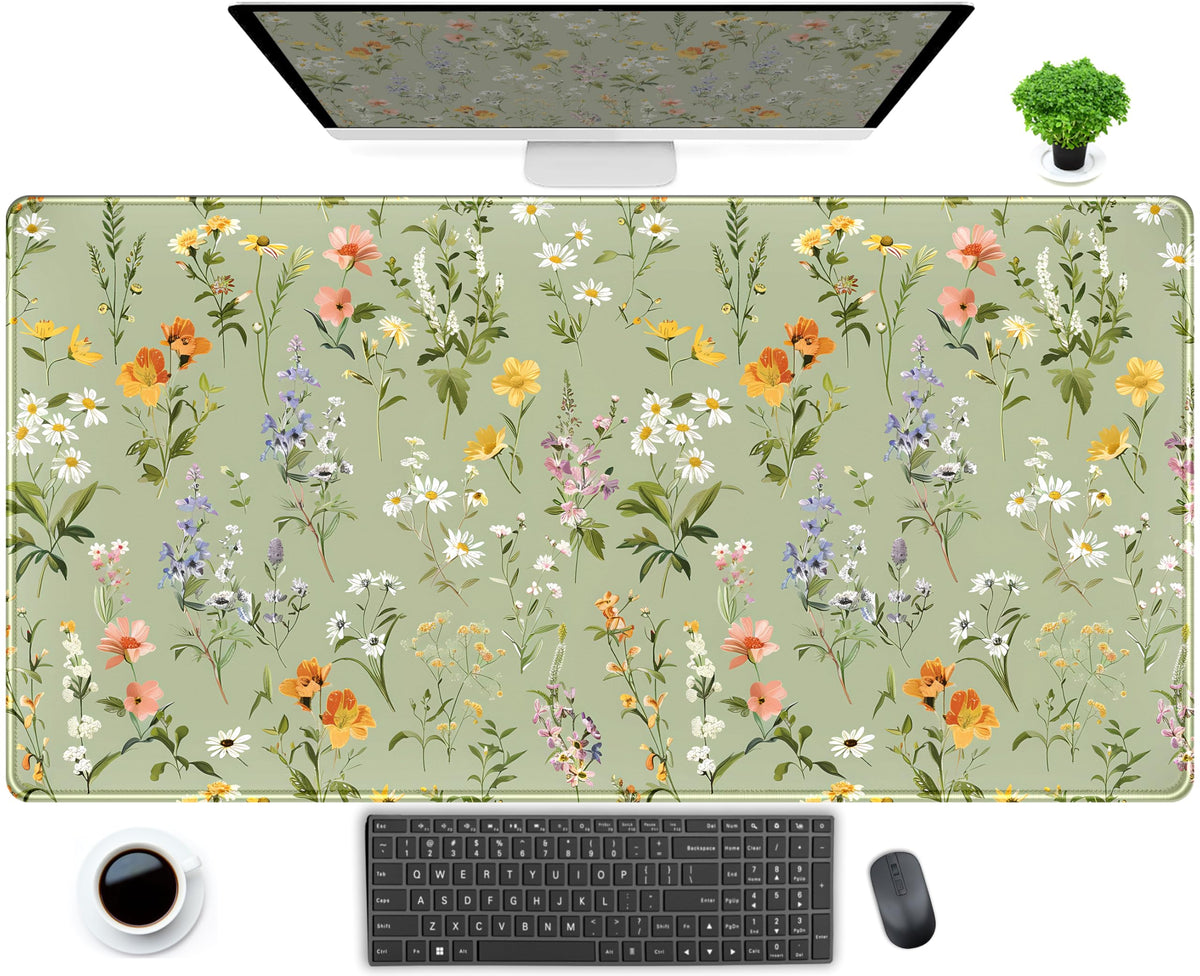 Cute Green Large Gaming Mouse Pad XXL Mousepad Sage Desk Mat with Stitched Edges, Aesthetic