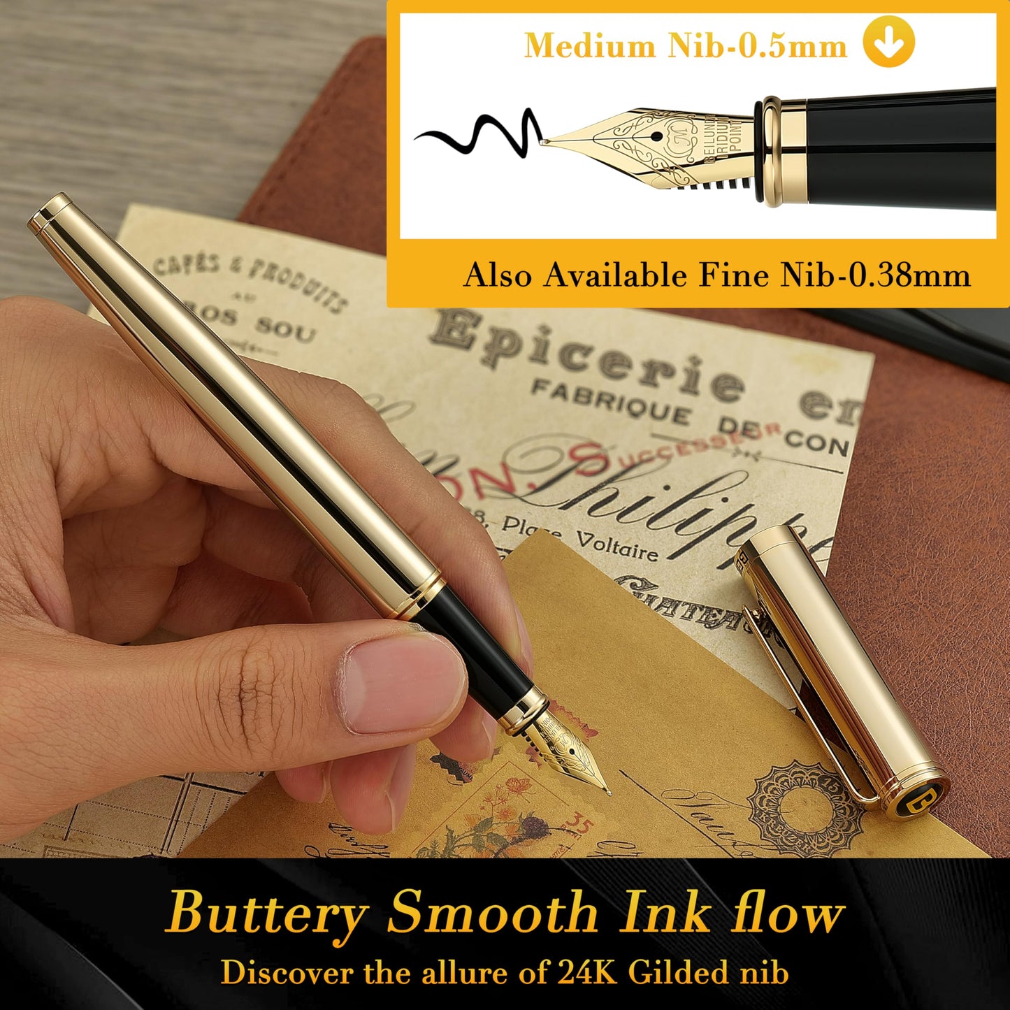 BEILUNER Gold Fountain Pen,Stunning Luxury Pens with 24K Gold Finish, Gorgeous 24K Gilded