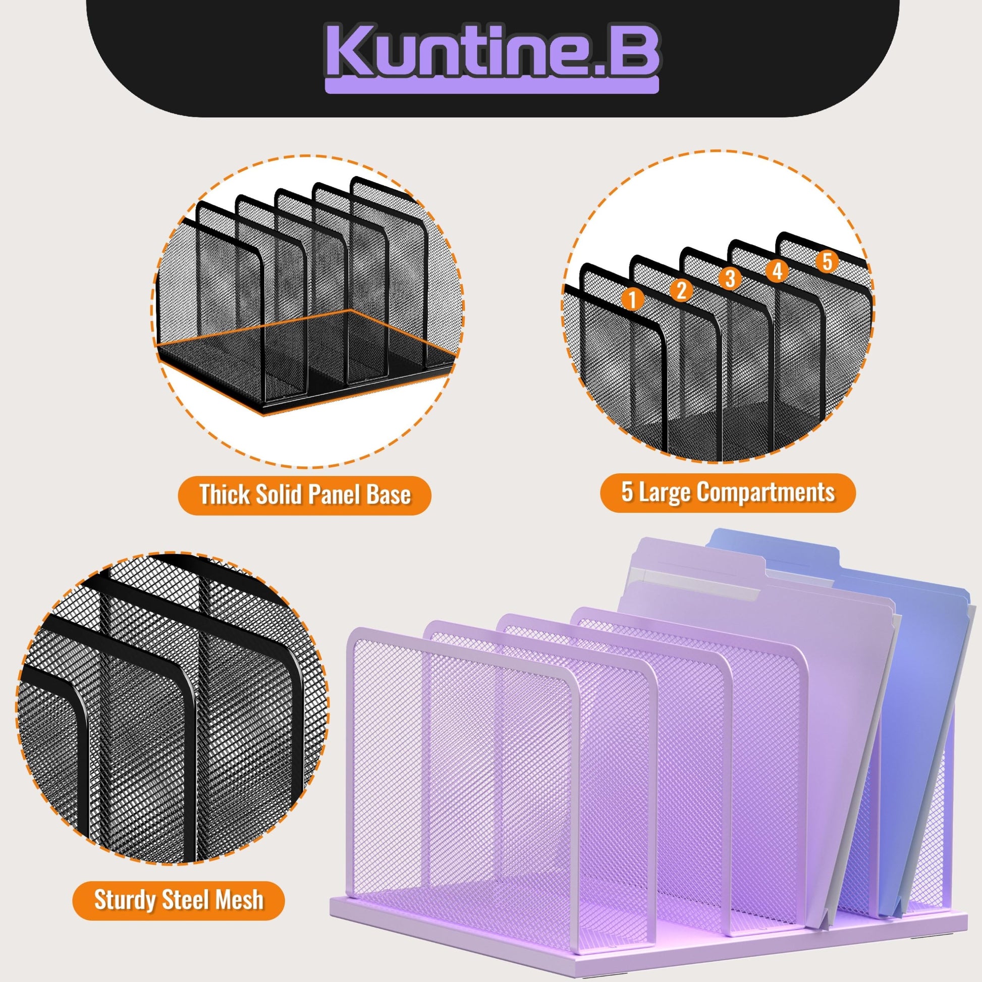 Kuntine.B 5-Section Upright Desk File Organizer Purple 1 Pack