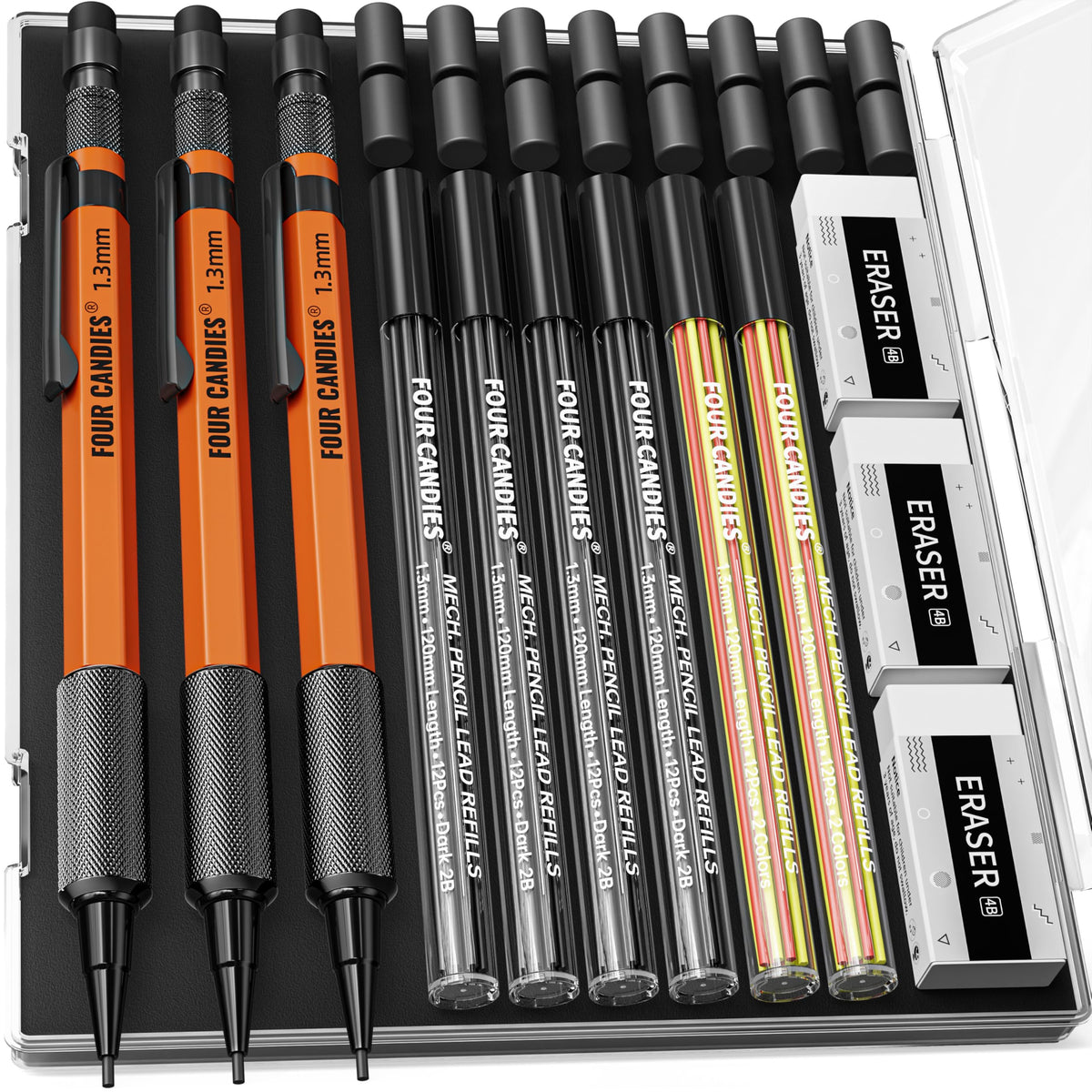 Four Candies 3PCS 1.3mm Metal Mechanical Pencil Set with Case (Orange)