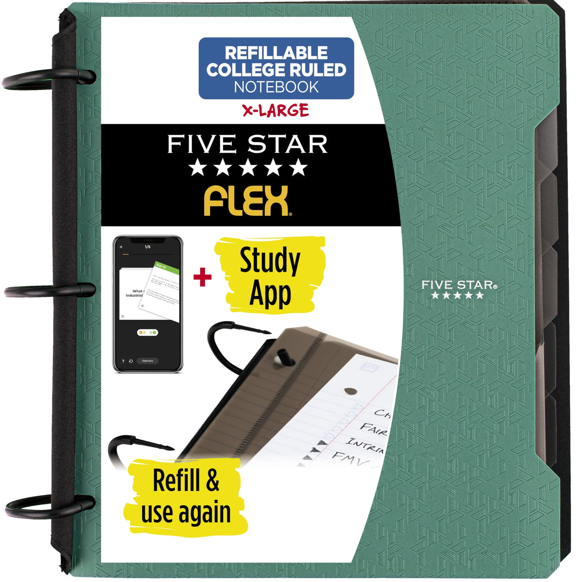 Five Star Flex Refillable Notebook + Study App, College Ruled Paper and 1-1/2 Inch TechLock Ring