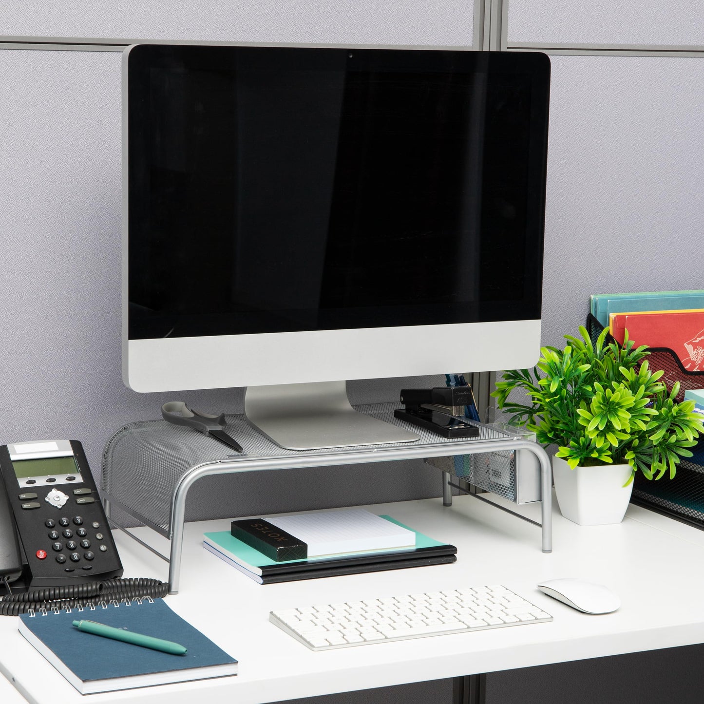 Mind Reader Monitor Stand, Ventilated Laptop Riser, Desktop Organizer, Side Storage, Metal Mesh