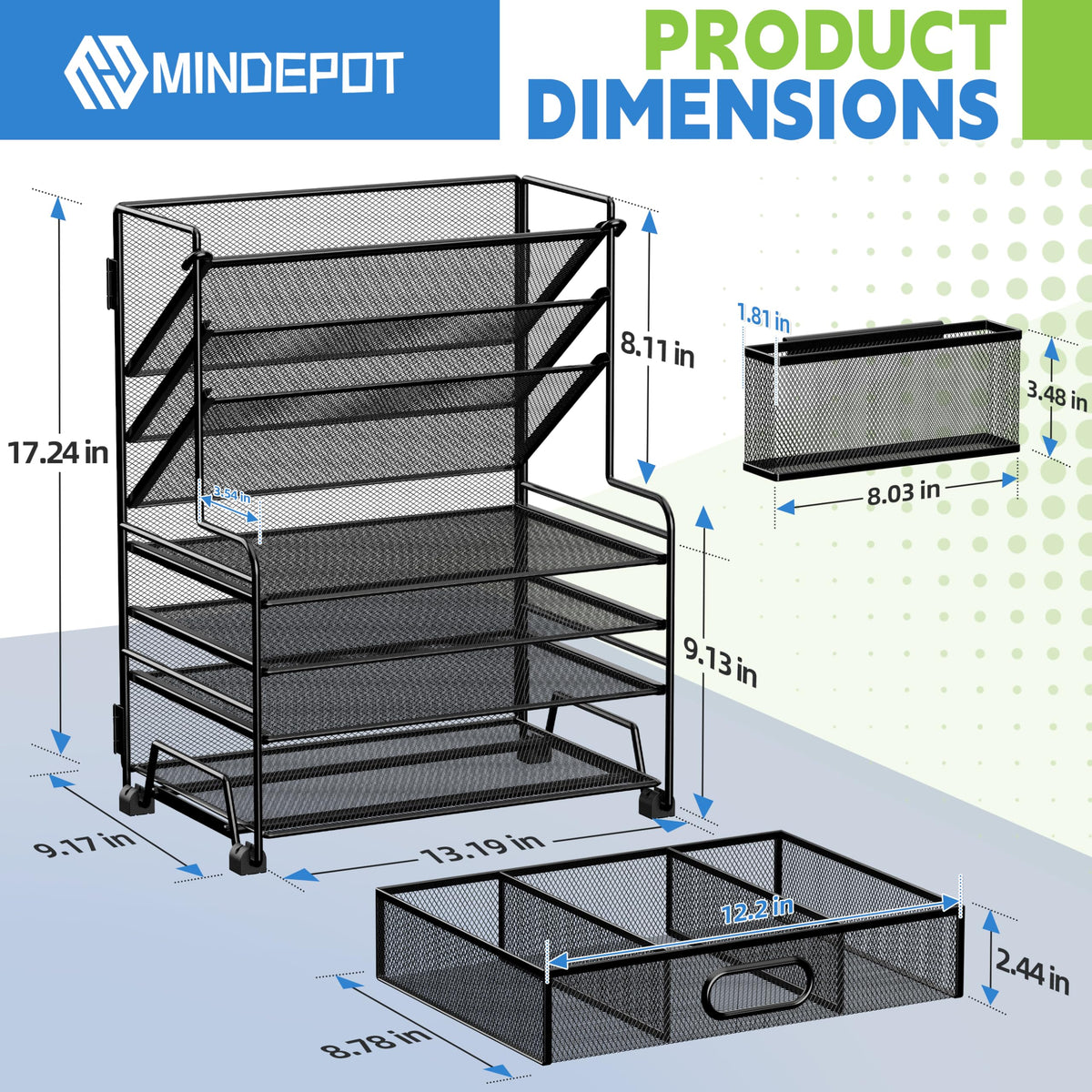 MINDEPOT 4-Tier Paper Organizer + 3-Pocket File Holder + Drawer + Pen Holders, Desktop File