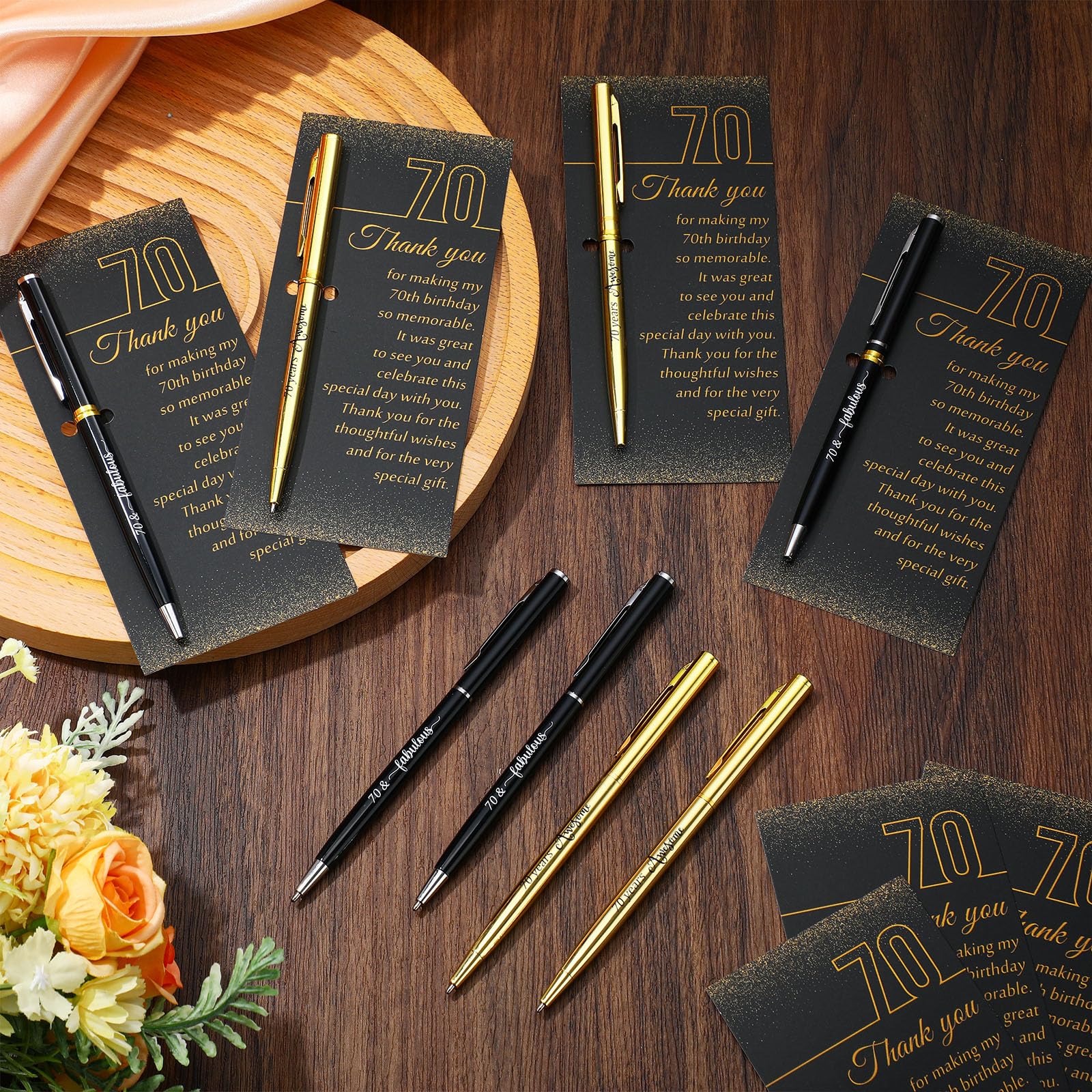 Feifeiya 50 Sets 70th Birthday Party Favors with Black Gold Pens Thank Card