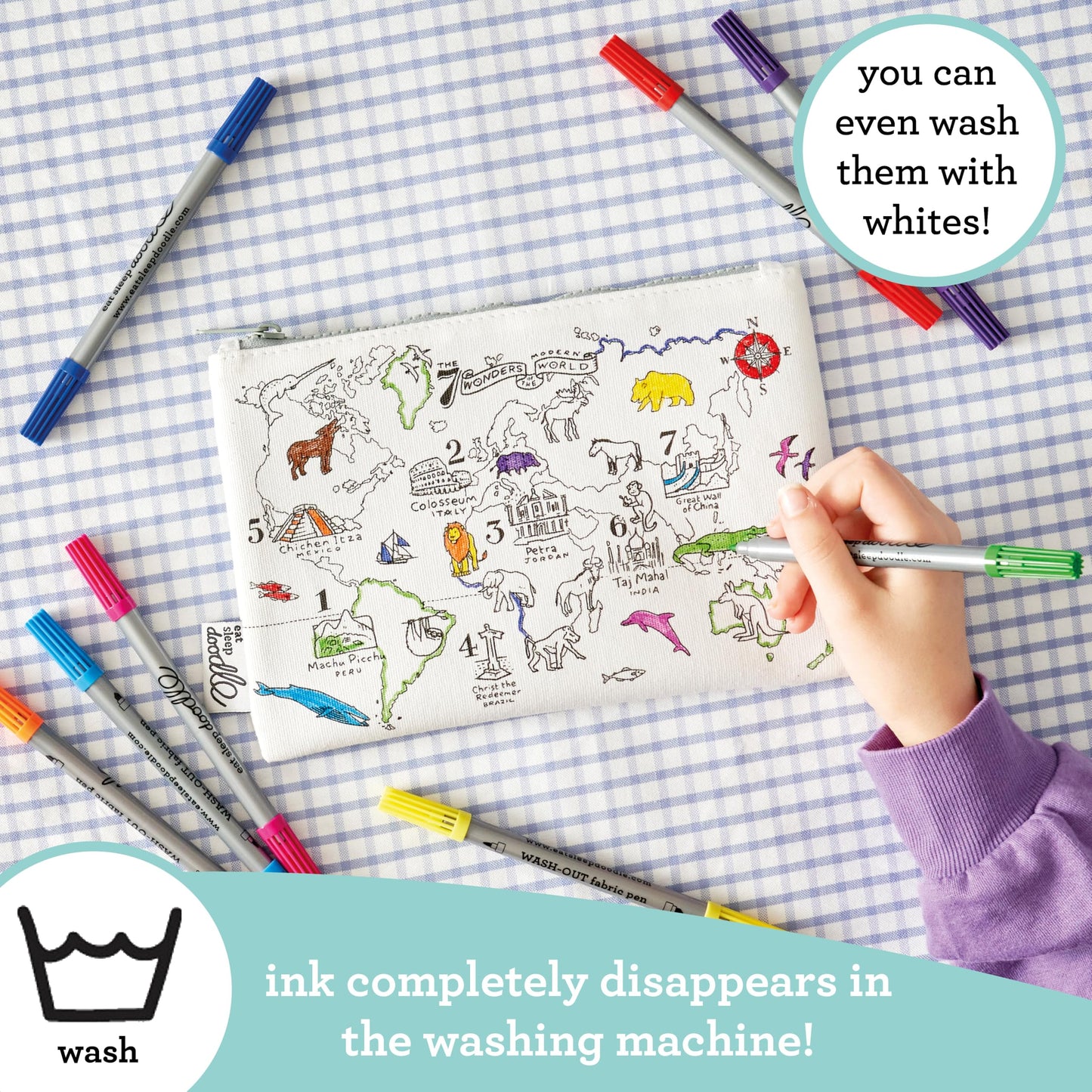 eatsleepdoodle Cotton World Map Coloring Pencil Case, 10pk Washable Markers