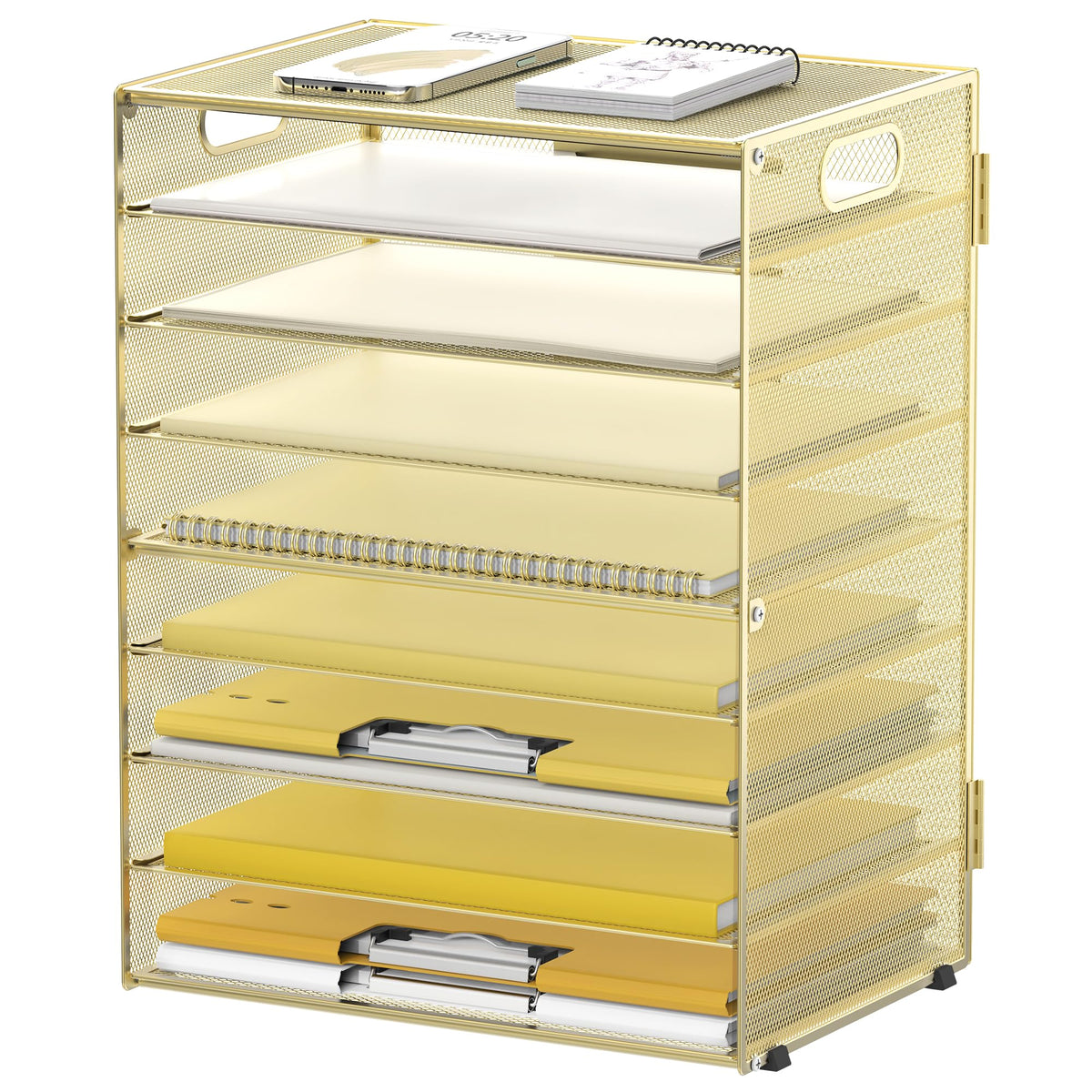 9-Tier Paper Organizer for Desk, Metal Mesh Letter Tray with Handles, Gold