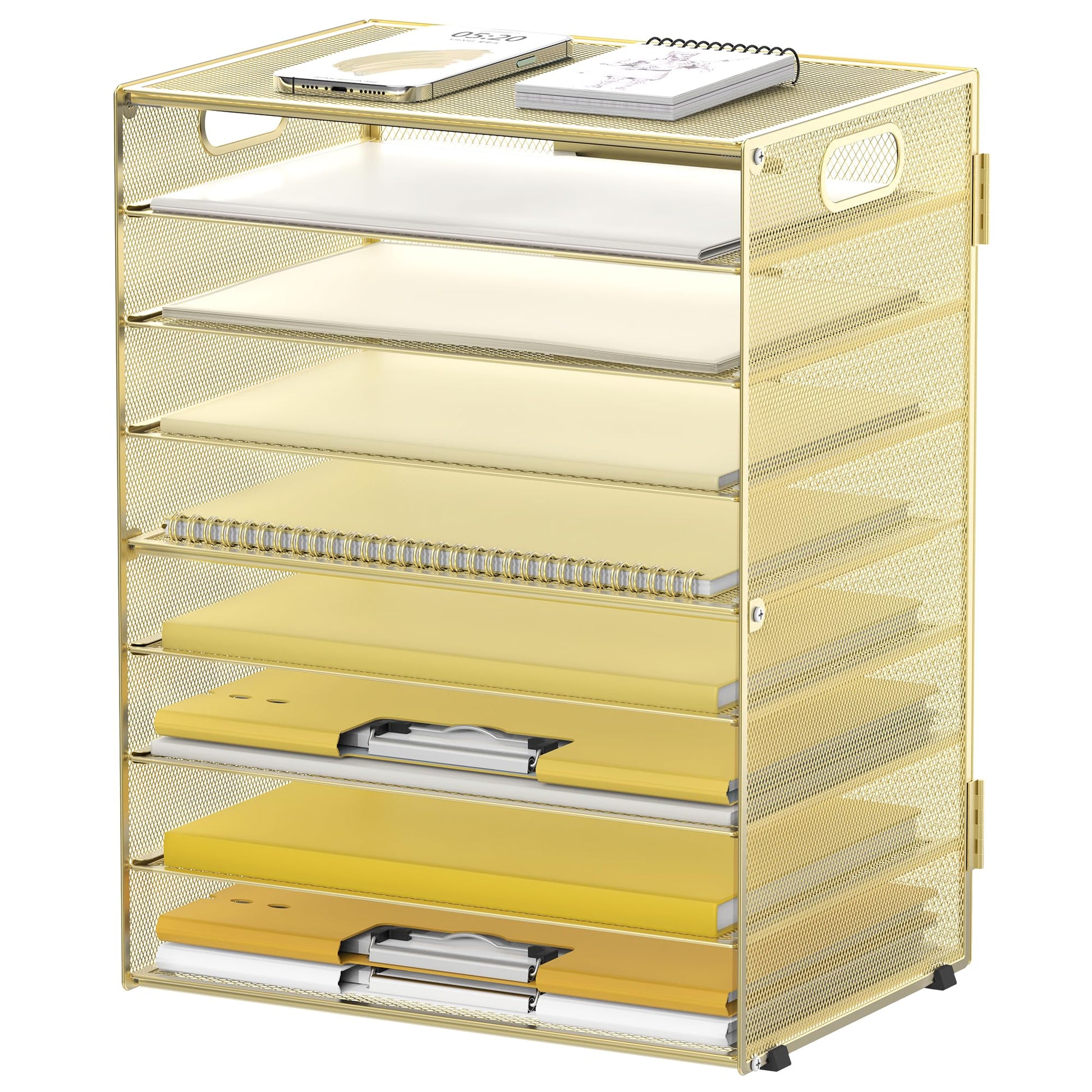 9-Tier Paper Organizer for Desk, Metal Mesh Letter Tray with Handles, Gold