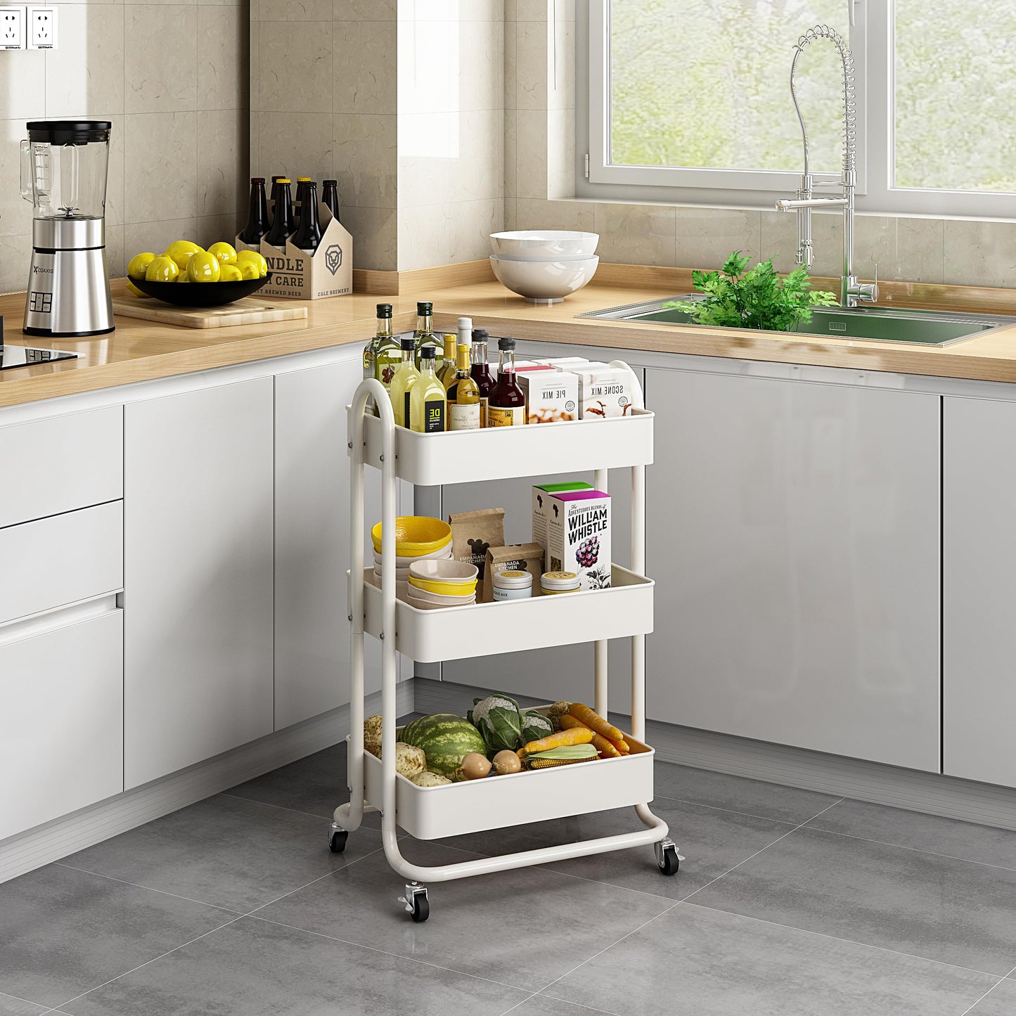 MIOCASA 3-Tier Metal Utility Rolling Cart, Heavy Duty Multifunction Cart with Lockable Casters