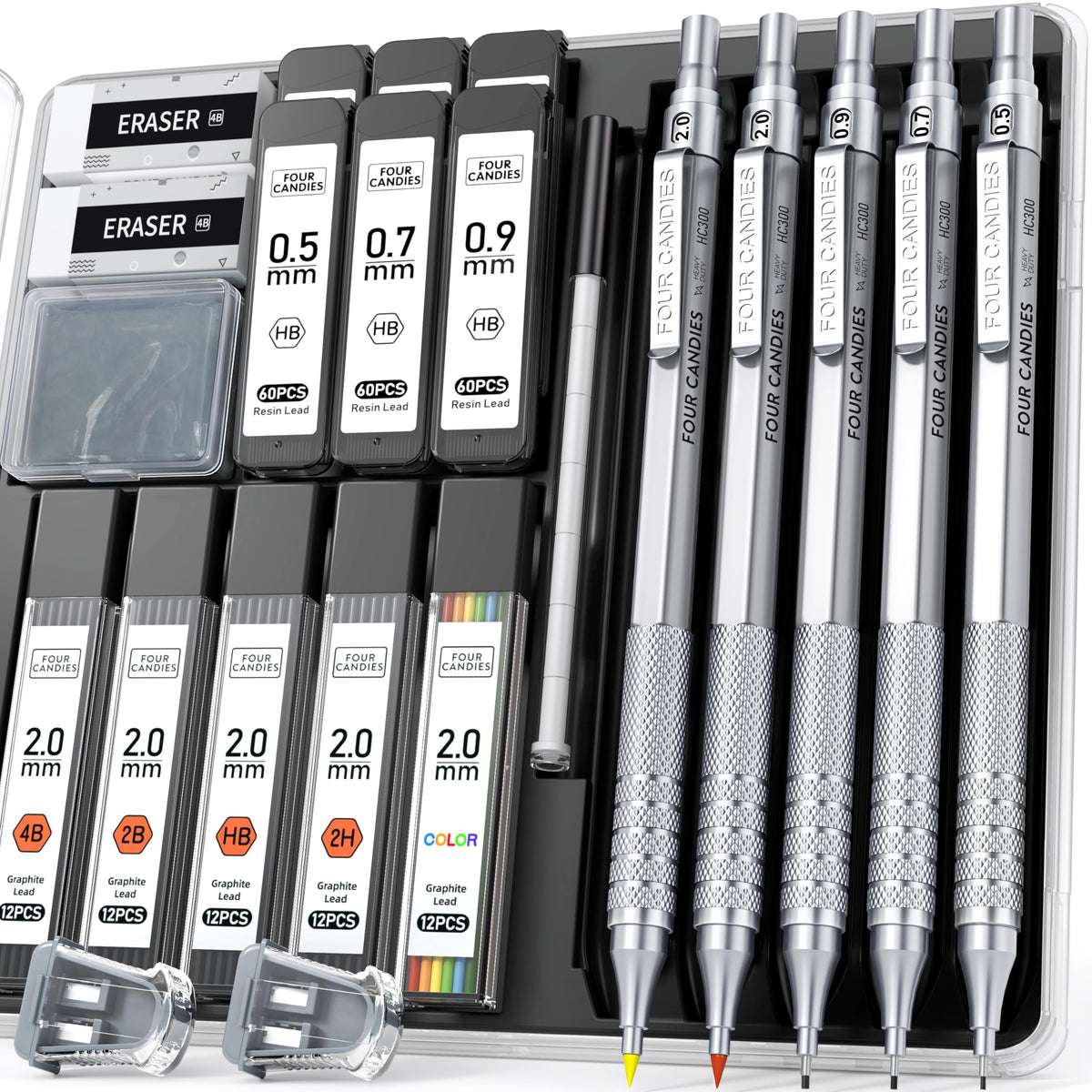 Four Candies Metal Mechanical Pencil Set, 3PCS Art Drafting Pencils 0.5, 0.7, 0.9MM & 2PCS 2MM