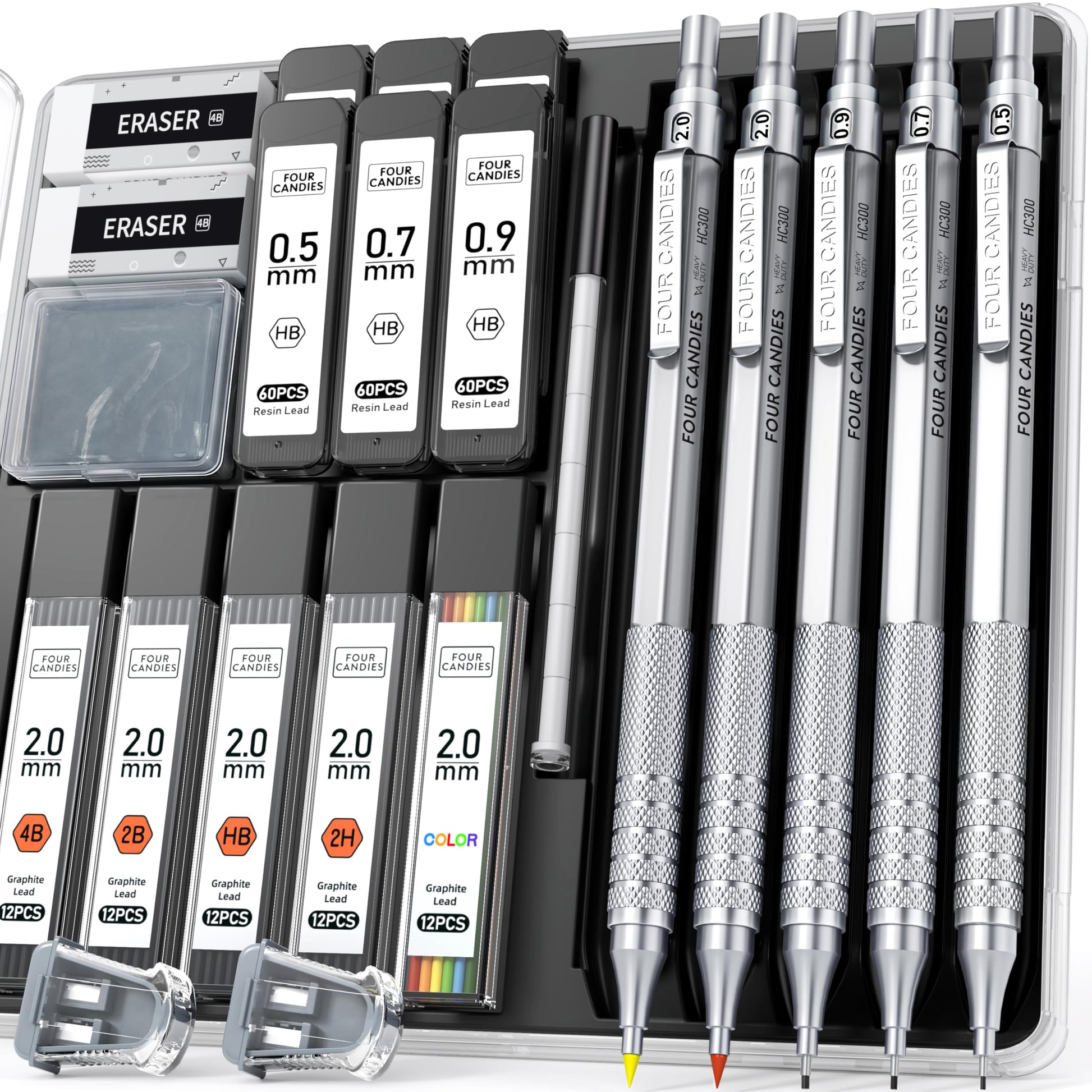 Four Candies Metal Mechanical Pencil Set, 3PCS Art Drafting Pencils 0.5, 0.7, 0.9MM & 2PCS 2MM