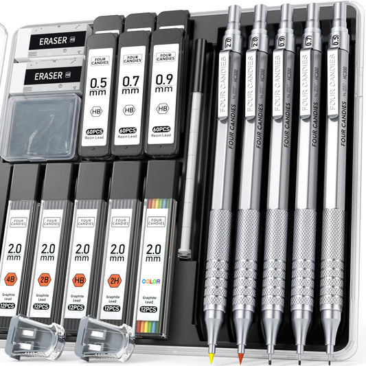 Four Candies Metal Mechanical Pencil Set, 3PCS Art Drafting Pencils 0.5, 0.7, 0.9MM & 2PCS 2MM
