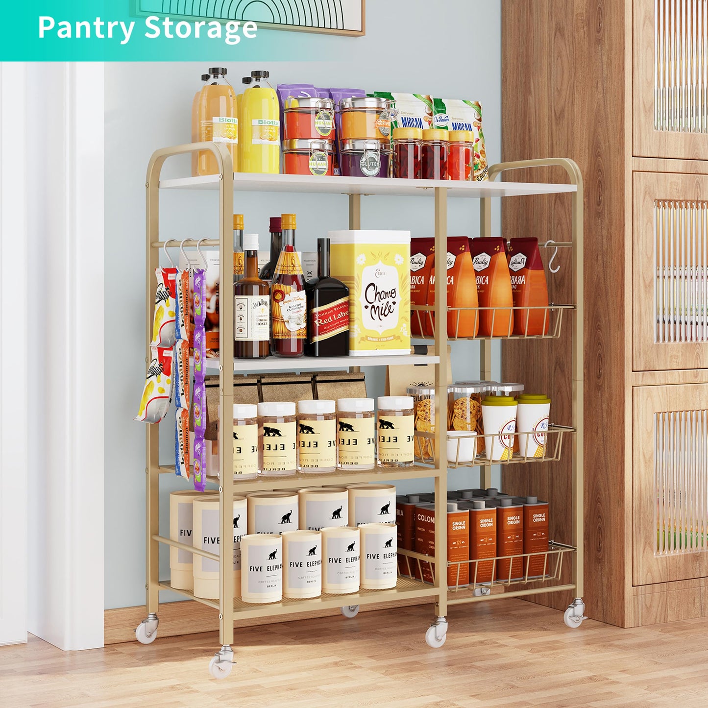 HapiRm Rolling Kitchen Microwave Cart - 4 Tier Microwave Table Stand with Pull-Out Baskets, Coffee