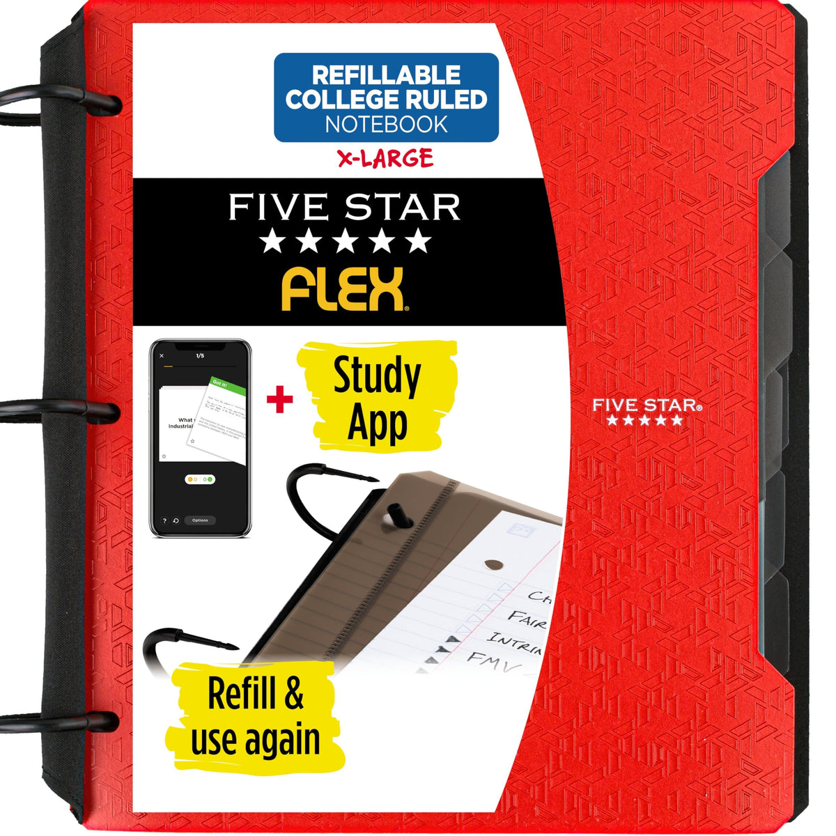 Five Star Flex Refillable Notebook + Study App, College Ruled Paper and 1-1/2 Inch TechLock Ring