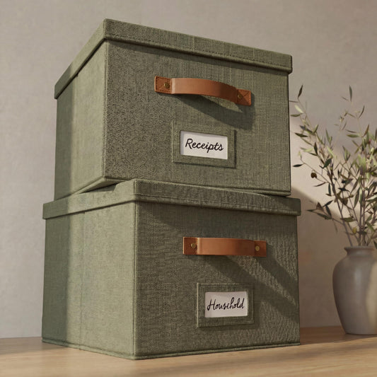 Decorative File Organizer Box Set of 2 - Collapsible Linen Filing Cabinets