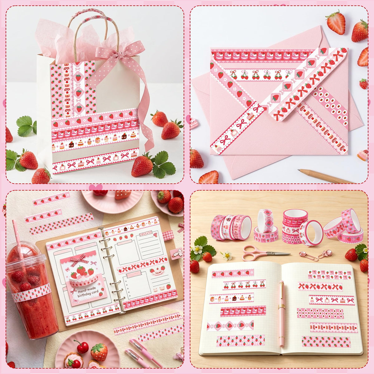 BkeeCten Pink Strawberry Washi Tape - 12 Rolls Waterproof Cute Bow Sweets Desserts Self Adhesive