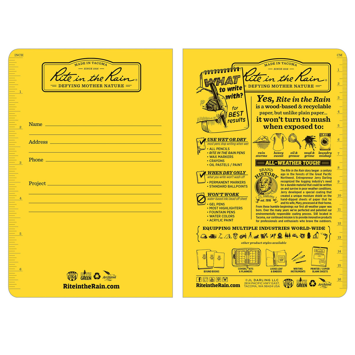 Rite In The Rain Weatherproof Stapled Notebook, 4.625" x 7", Yellow Cover, Metric Field Pattern, 3