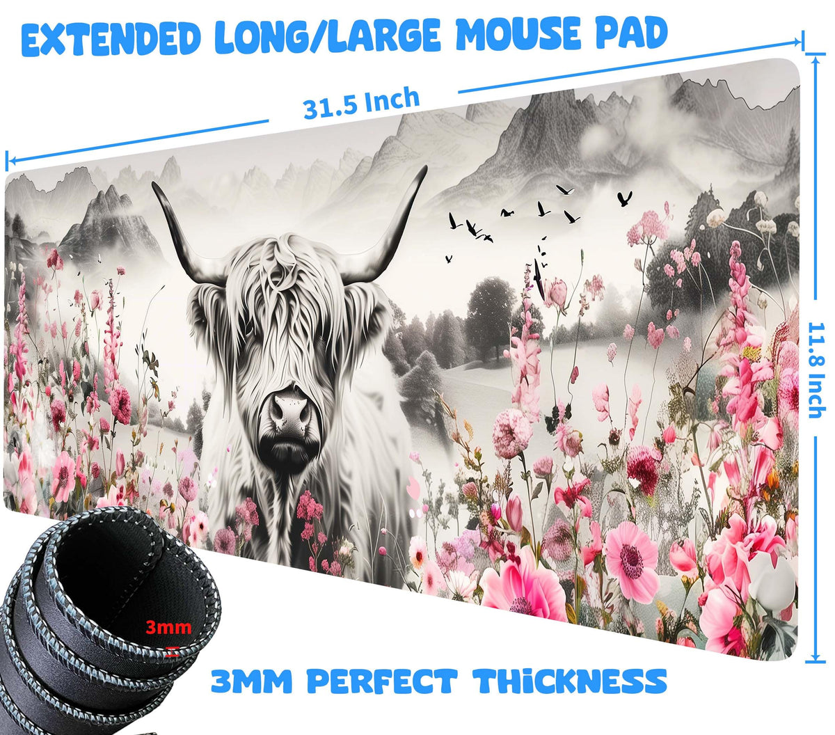 Highland Cow Mouse Pad, Extended Large Desk Pad with Stitched Edges 31.5 x 11.8 Mousepad Desk Mat