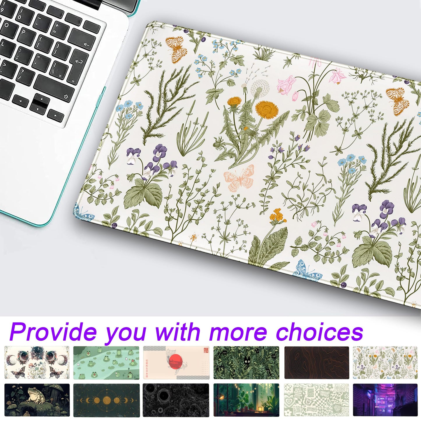 Cute Flowers Desk Mat Pressed Dried Floral Mouse Pad Neutral Beige Sage Green XXL Large Extended