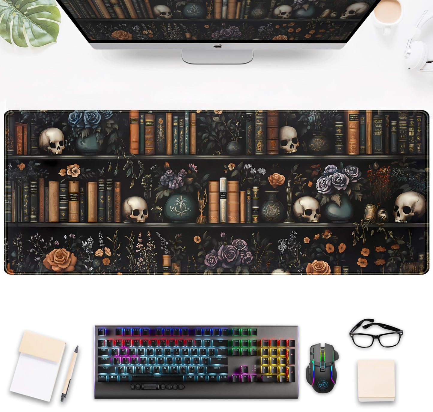 Dark Bookshelf Desk Pad Gothic Gaming Mouse Mat XL, Black Large Computer Keyboard Mat Mystery