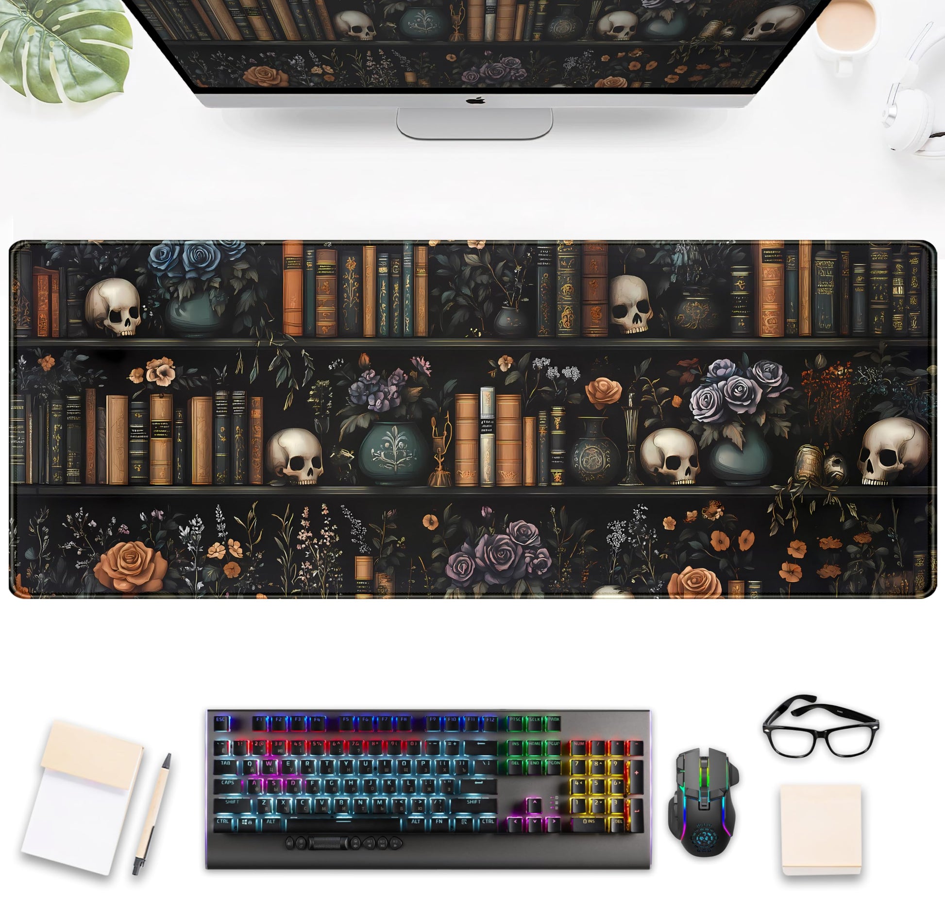 Dark Bookshelf Desk Pad Gothic Gaming Mouse Mat XL, Black Large Computer Keyboard Mat Mystery