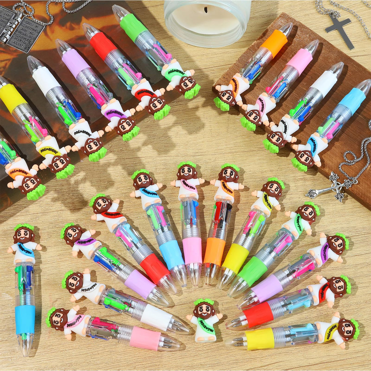 SZCECHRE 48 PCS Christian Jesus Pens 4 Color Multicolor Ballpoint Pens with Cute Jesus Design