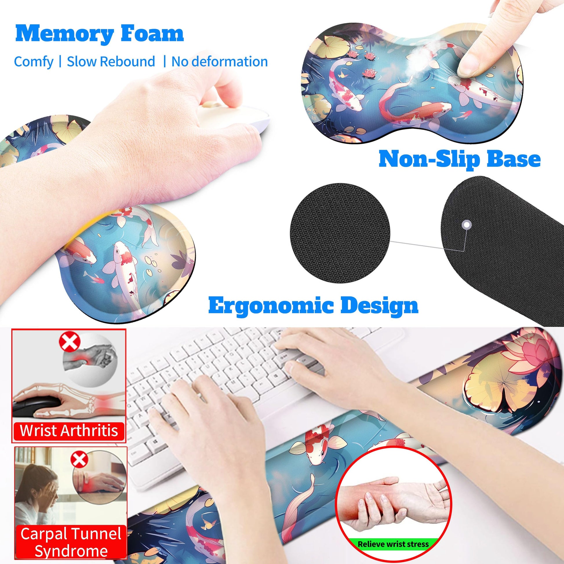 HaoSiTeck 4-Piece Extended Large Mouse Pad Set for Women Men with Colorful Koi Design Includes 35.4