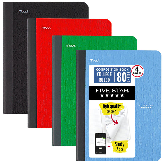 Five Star Composition Book + Study App, 4 Pack, College Ruled Paper, 7-1/2" x 9-3/4", 80 Sheets
