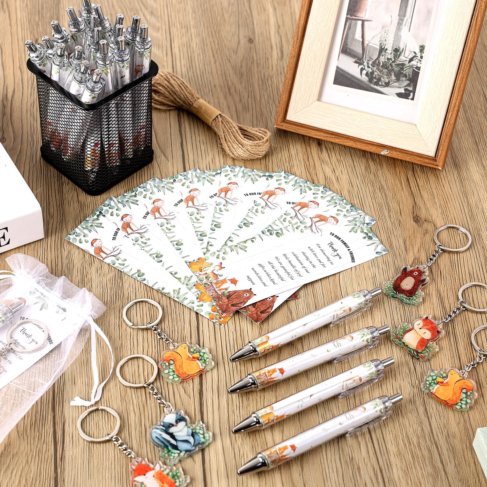 145 Pieces Woodland Baby Shower Favors for Guest Woodland Animals Ballpoint Pens and Keychains