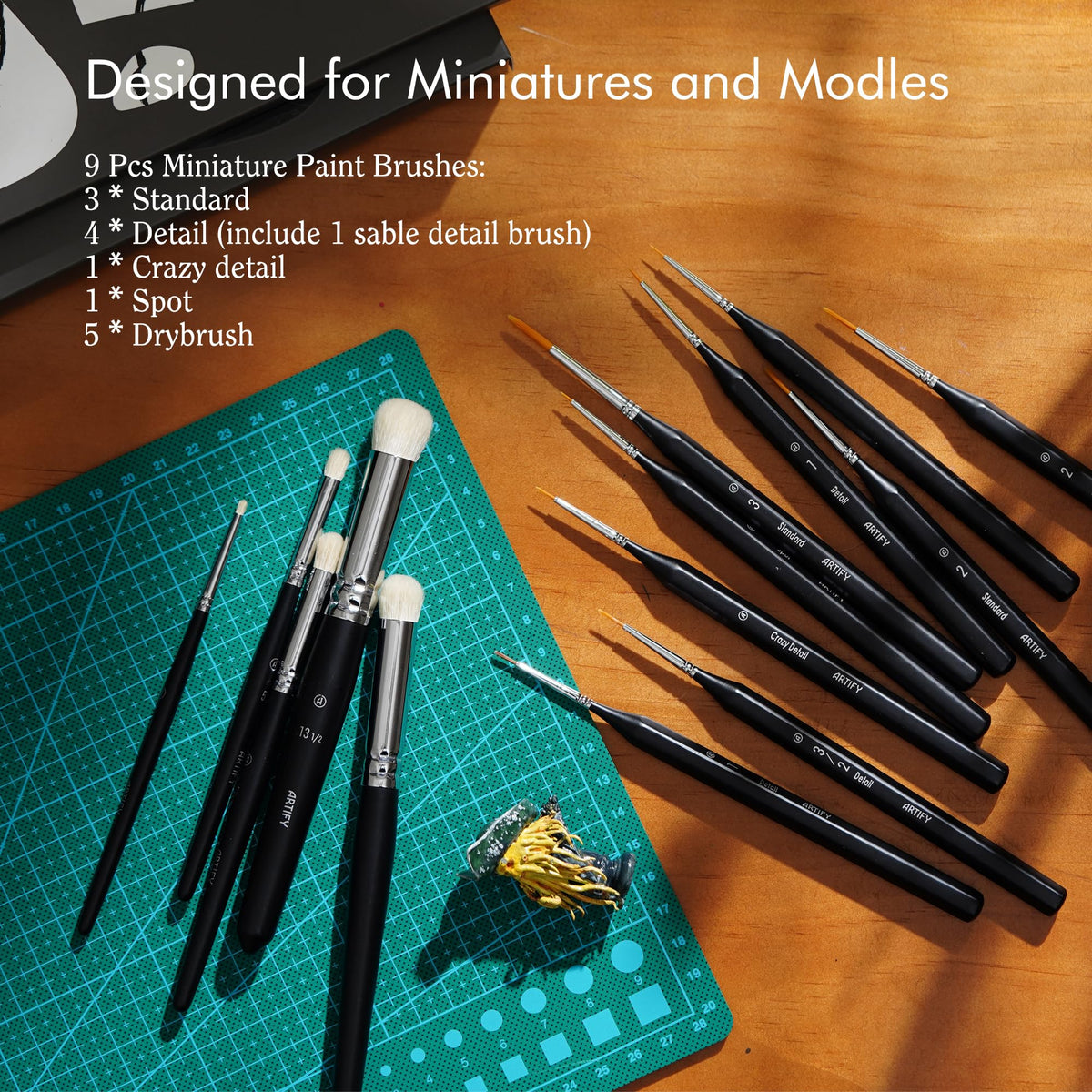 ARTIFY Miniature Drybrush Paint Brush Set: 14-Piece Round Small Detail Model Paintbrushes, Thin