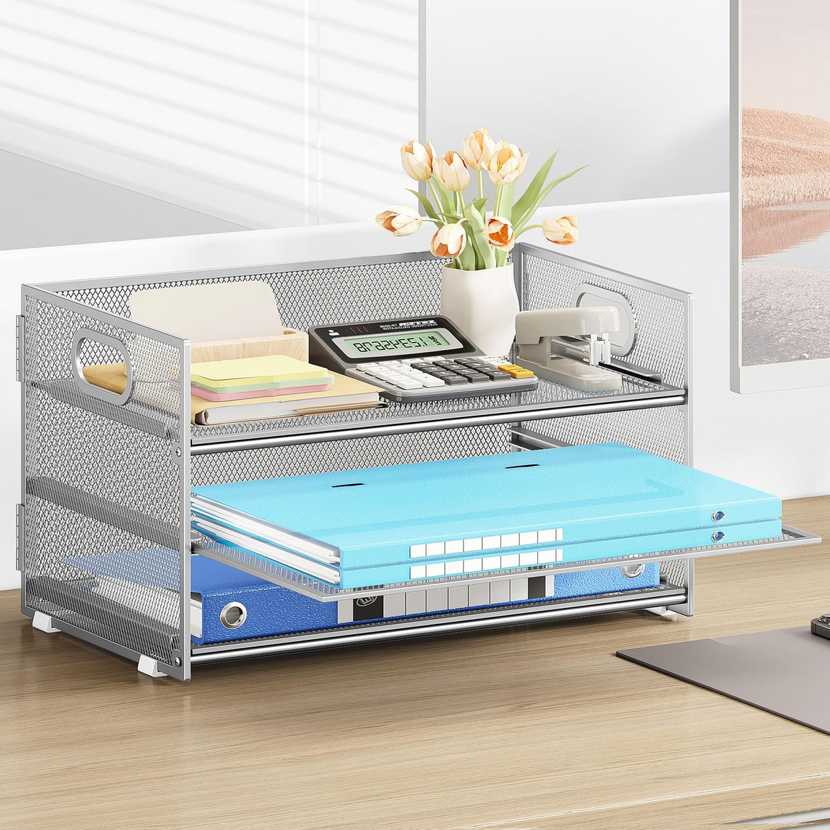 Subekyu 3 Tier Paper Desk Organizer with Handle and 1 PC Slideable Letter Tray, A4 Paper File