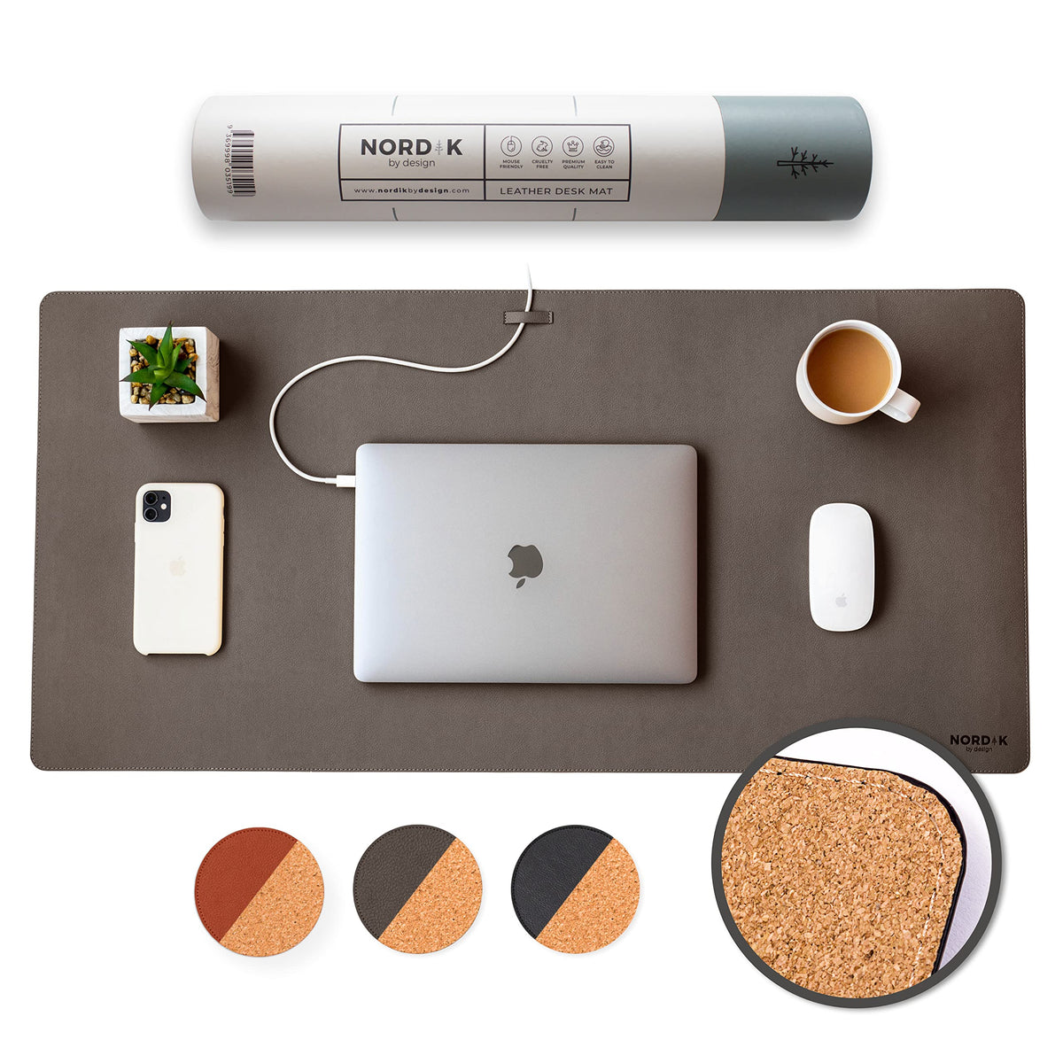 Nordik Leather Desk Mat - Cork Gunmetal Gray - Leather Desk Pad 35x17 in