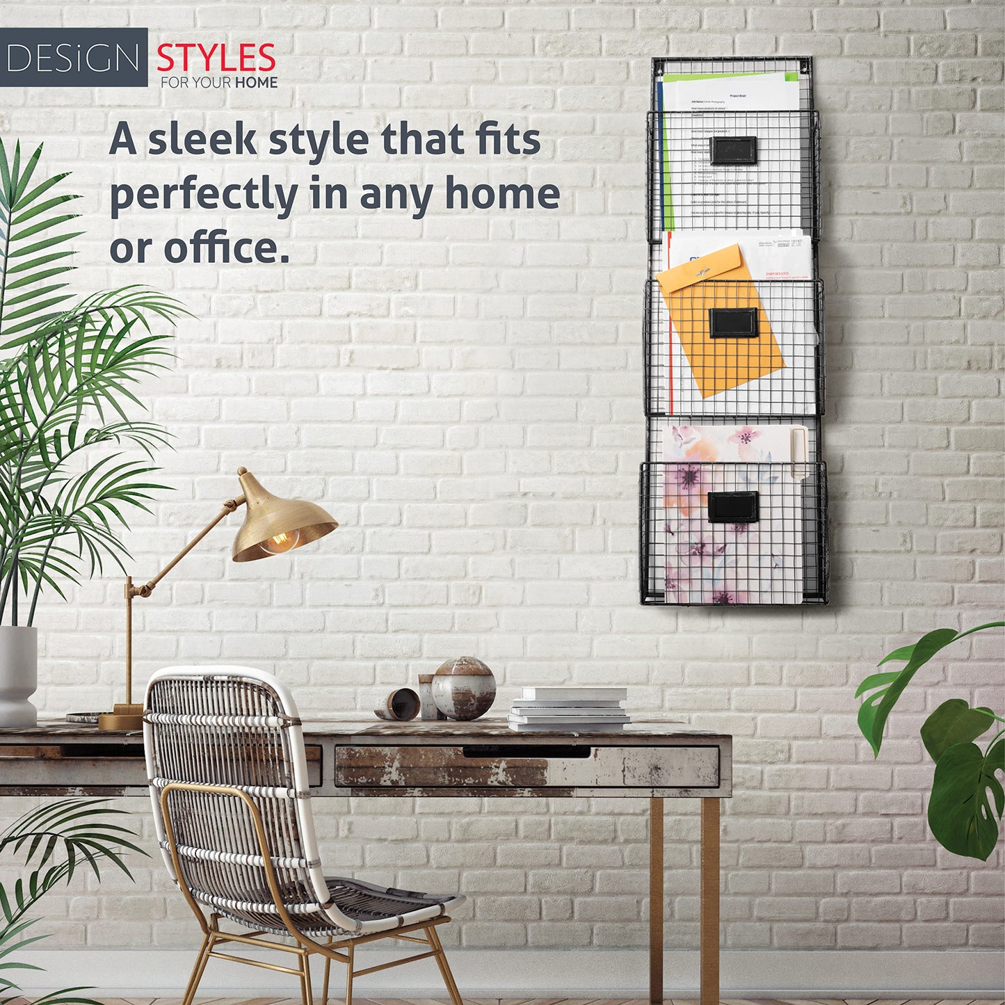 Designstyles Three Tier Wall File Holder – Durable Pewter Metal Rack with Spacious Slots for Easy