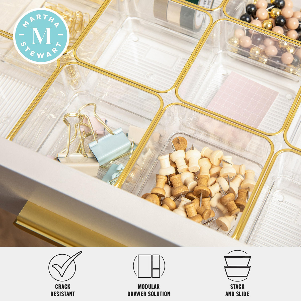 Martha Stewart Kerry Stackable Desk Drawer Organizers, Clear/Gold, 12-Pack