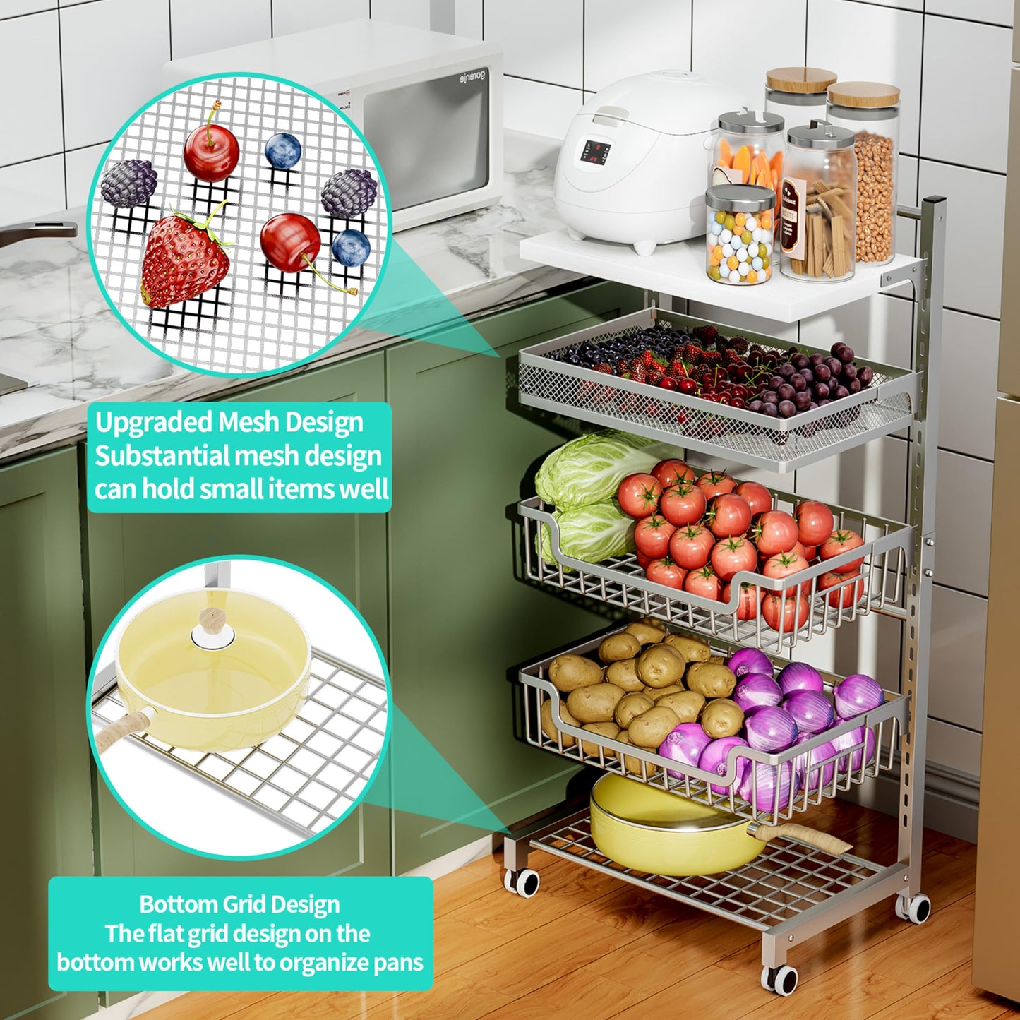 HapiRm Fruit Basket Kitchen Cart - 5 Tier Adjustable Vegetable Storage Rack, Large Capacity Rolling