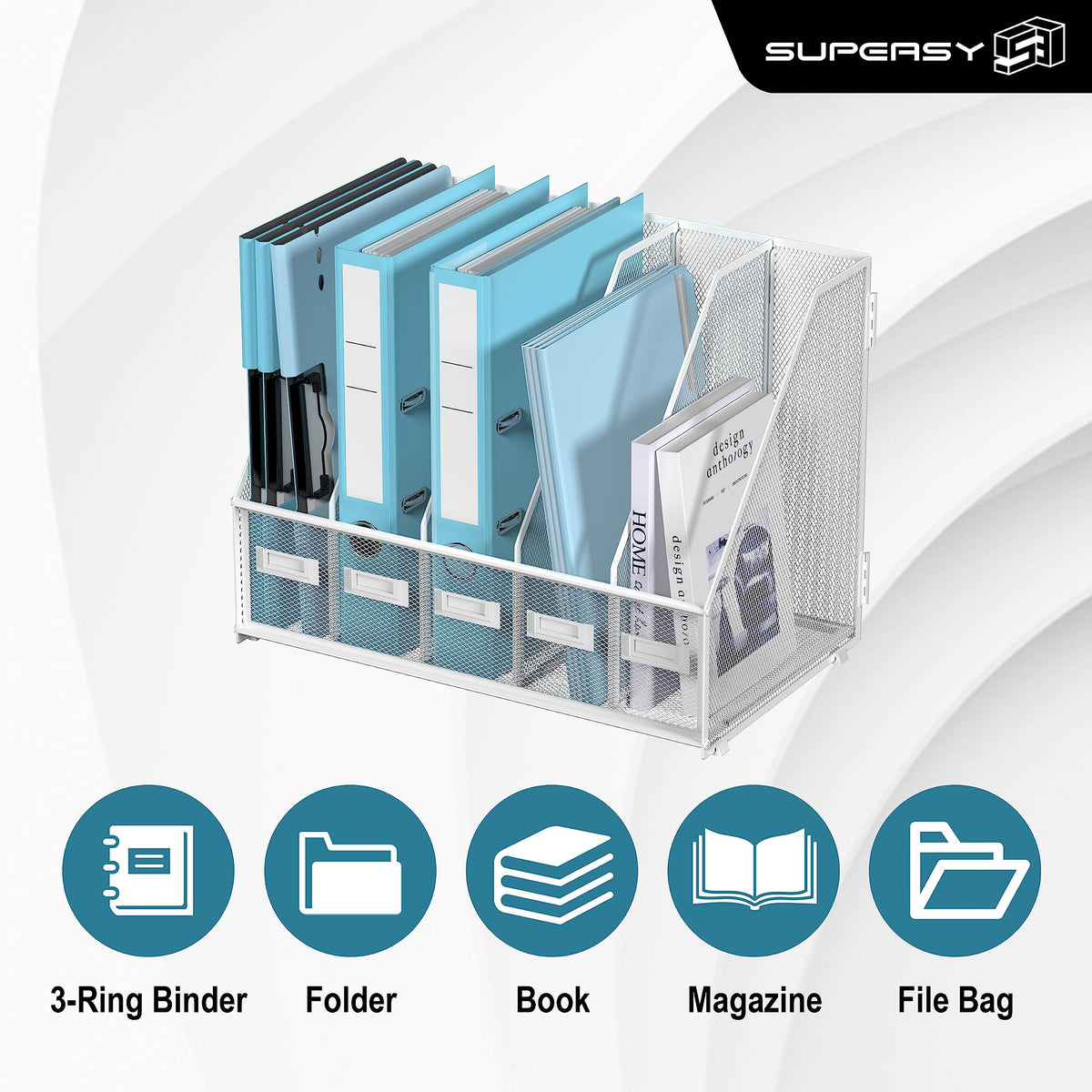 SUPEASY Desk Organizers Metal Desk Magazine File Holder with 5 Vertical Compartments Rack File