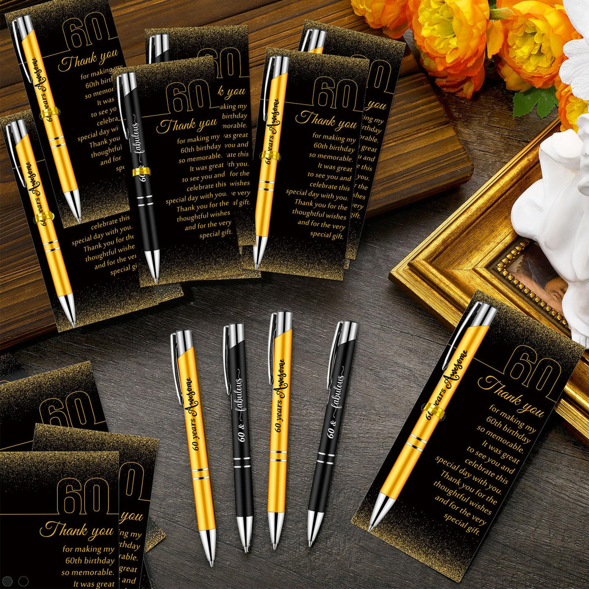 Feifeiya 60th Birthday Party Favors with Black Gold Pens Thank You Cards