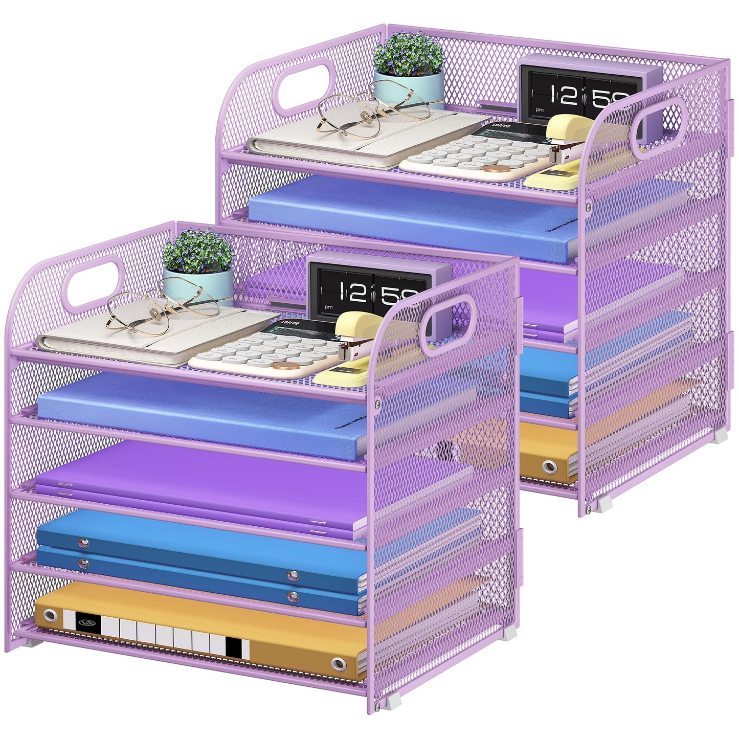 Cawukege 2 Pack 5 Tier Paper Organizer, Letter Tray with Handle, Mesh Desk Organizer, Metal File