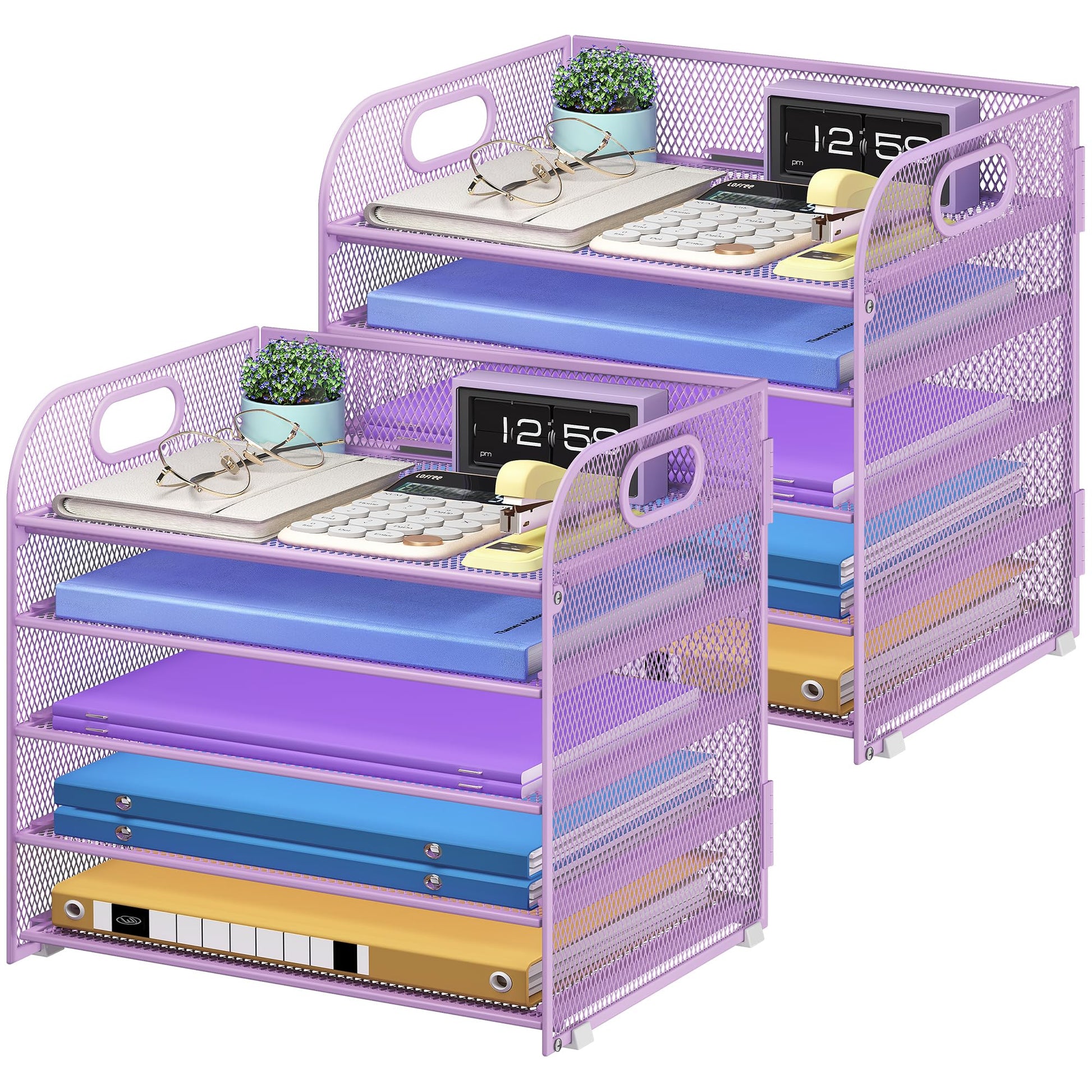 Cawukege 2 Pack 5 Tier Paper Organizer, Letter Tray with Handle, Mesh Desk Organizer, Metal File