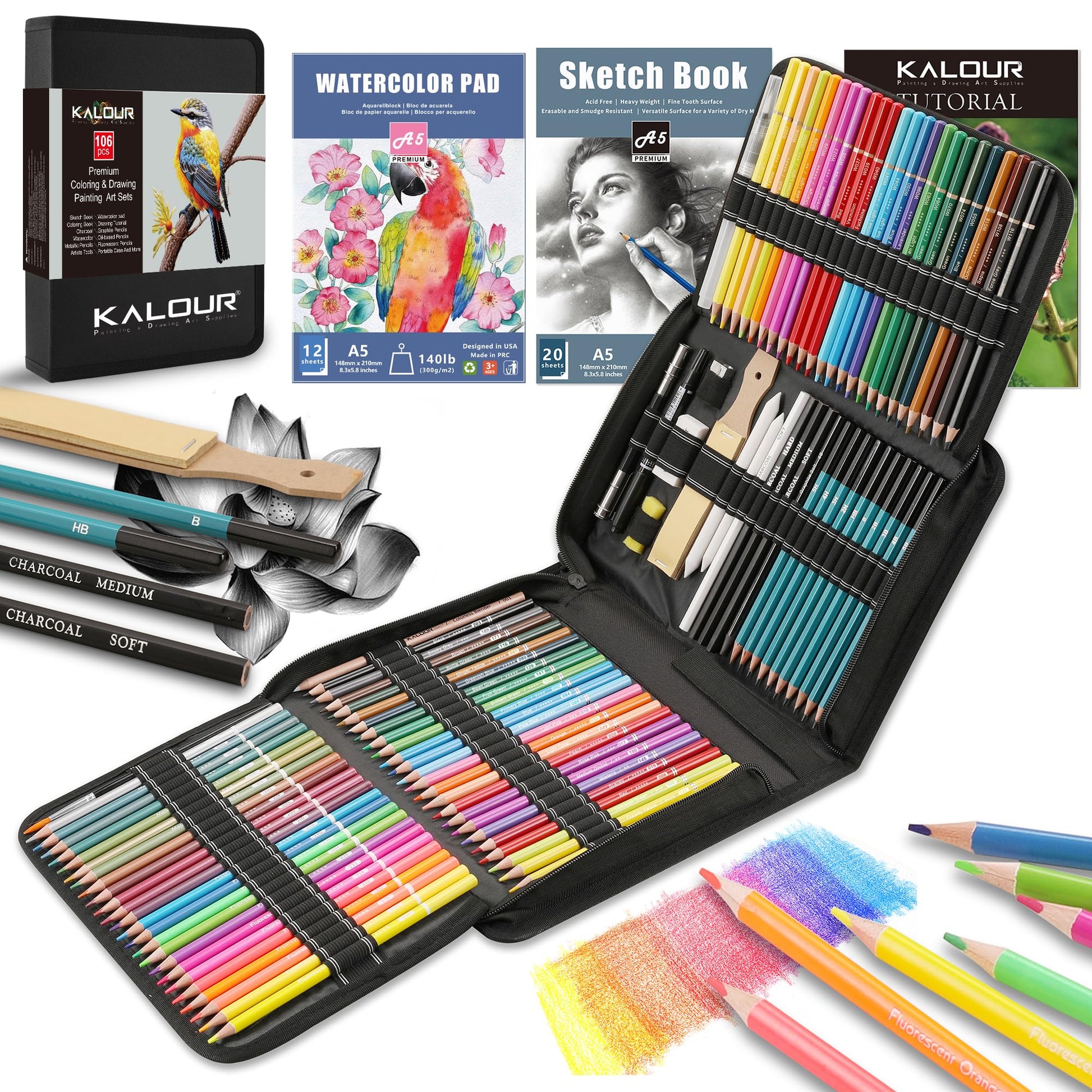 KALOUR 106 Coloring Sketching Kit Set - Art Supplies with Sketchbook & Watercolor Paper - Include