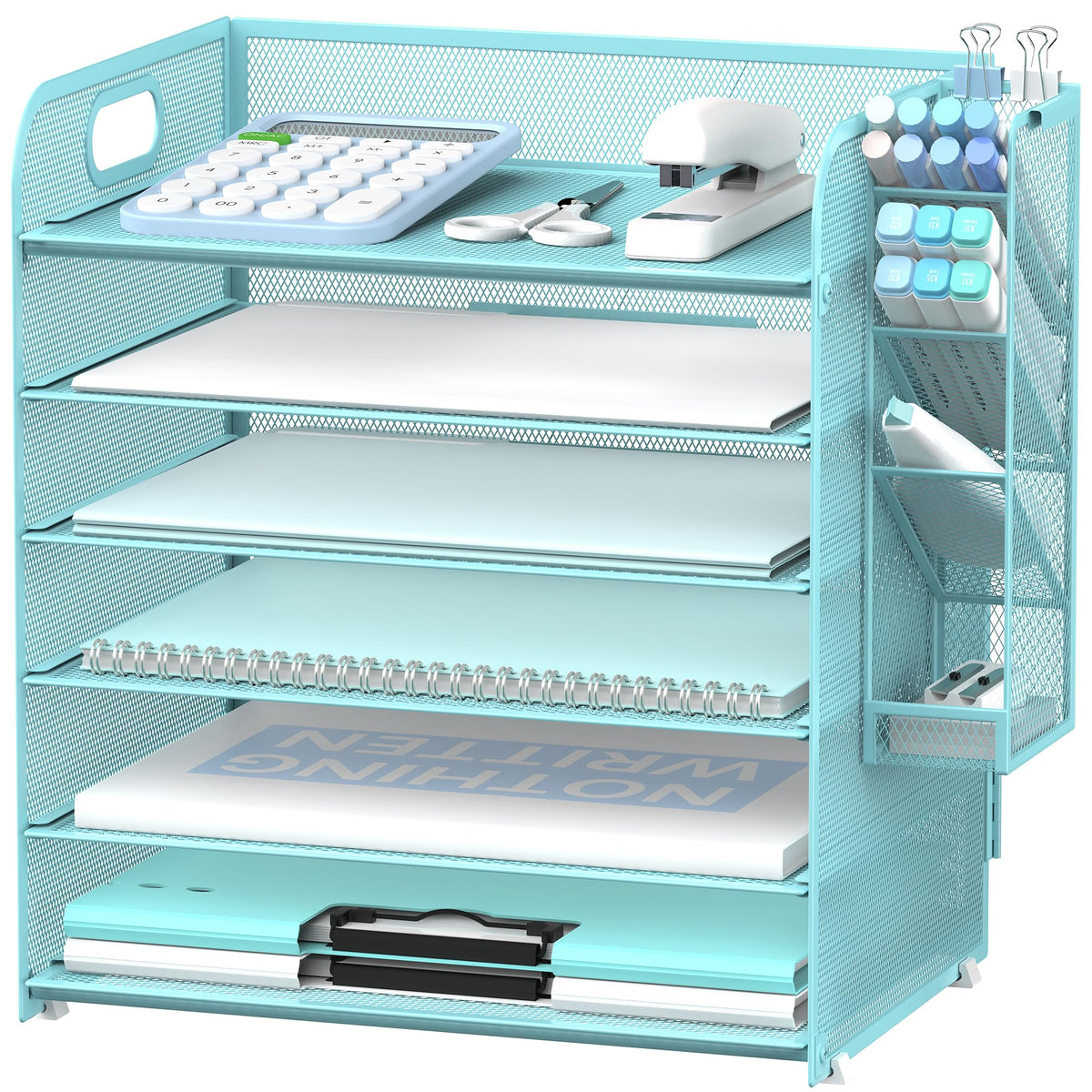 Supeasy 6 Tier Desk Organizer with 4 Pen Holders & Mesh Paper Trays Blue