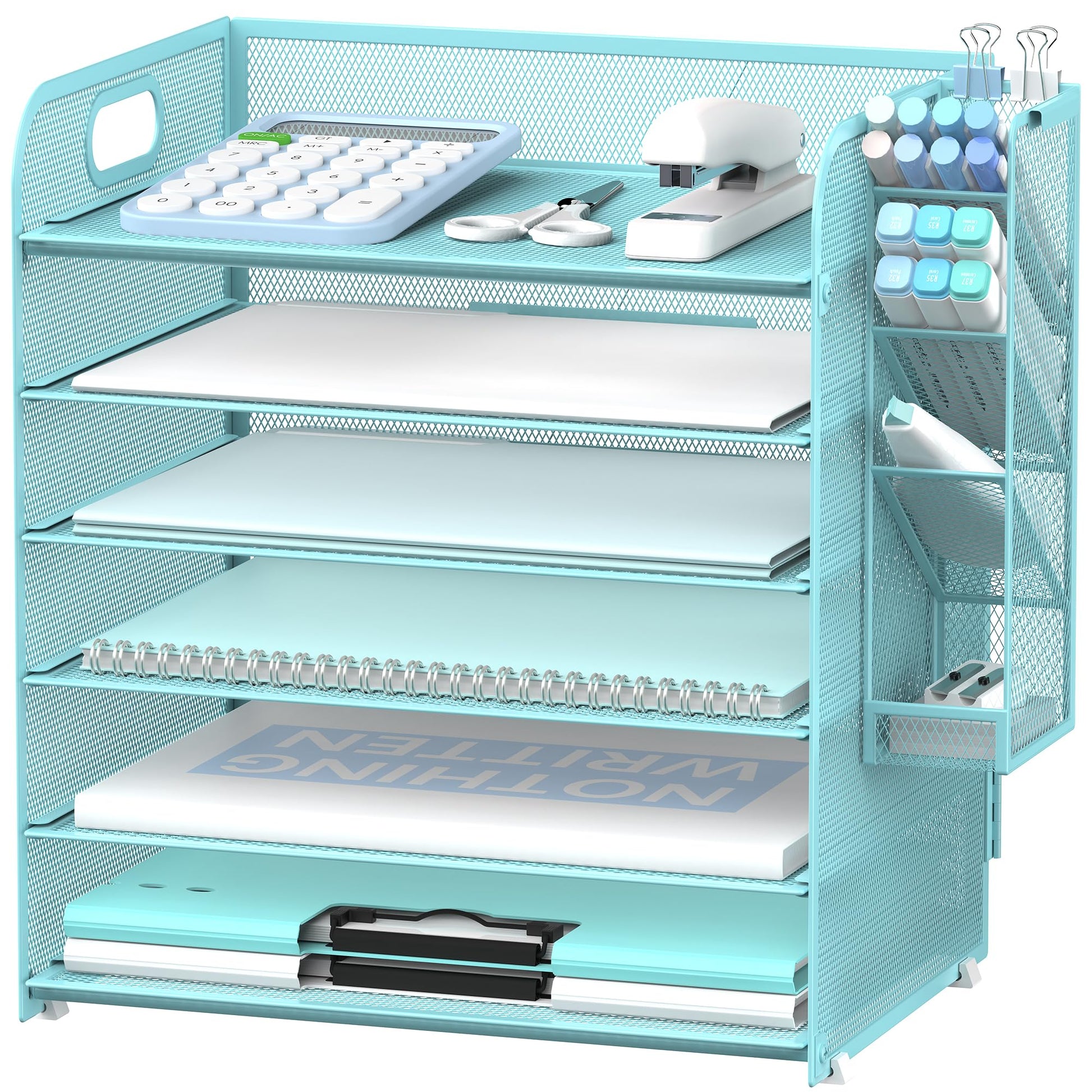 Supeasy 6 Tier Desk Organizer with 4 Pen Holders & Mesh Paper Trays Blue